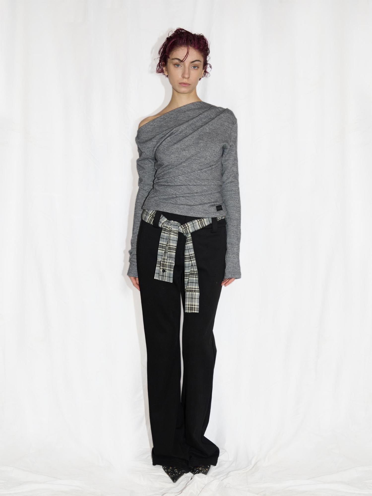 24ans Anti Pill Twist Asymmetrical Layering Top Black Grey