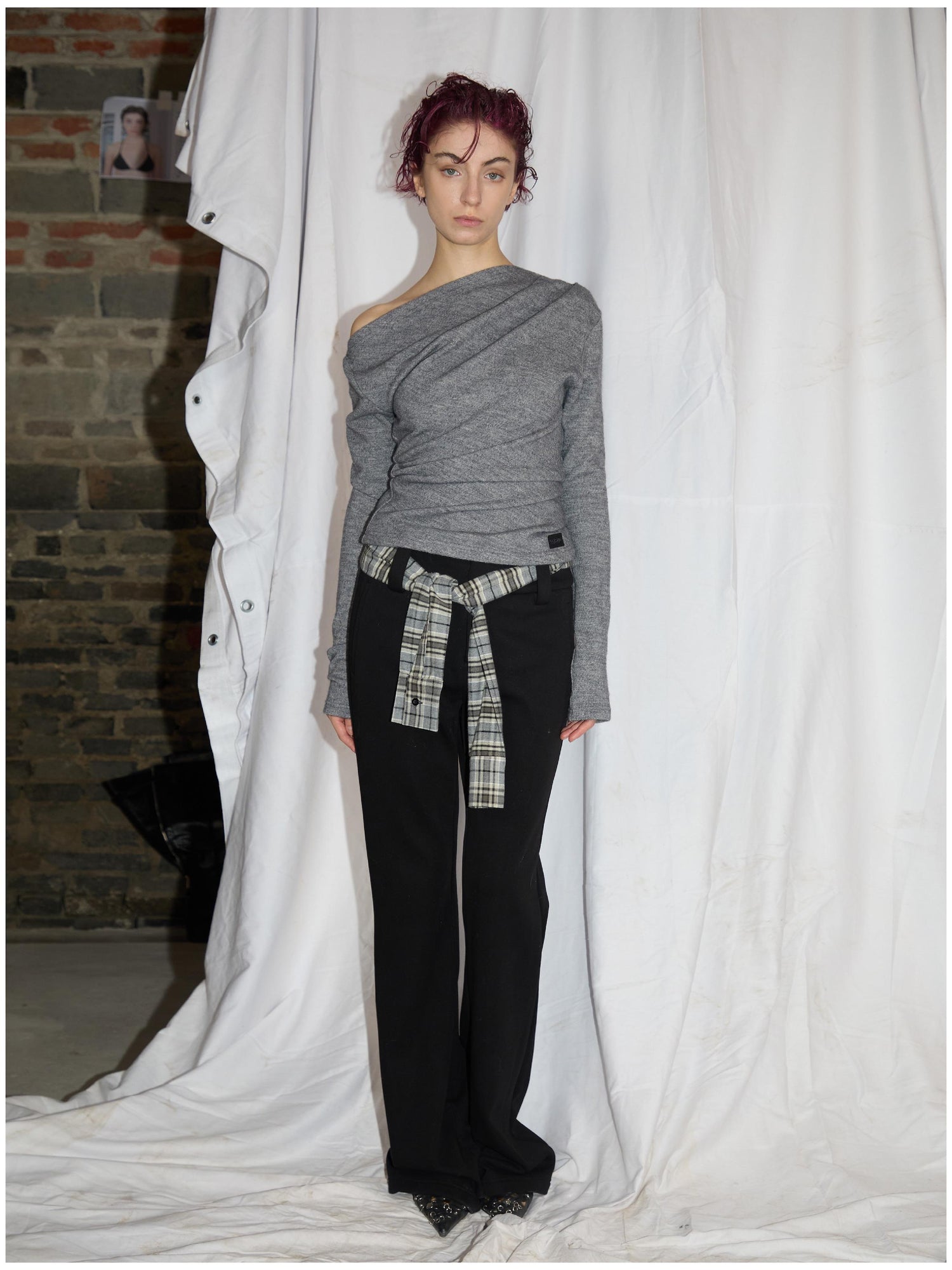 24ans Anti Pill Twist Asymmetrical Layering Top Black Grey