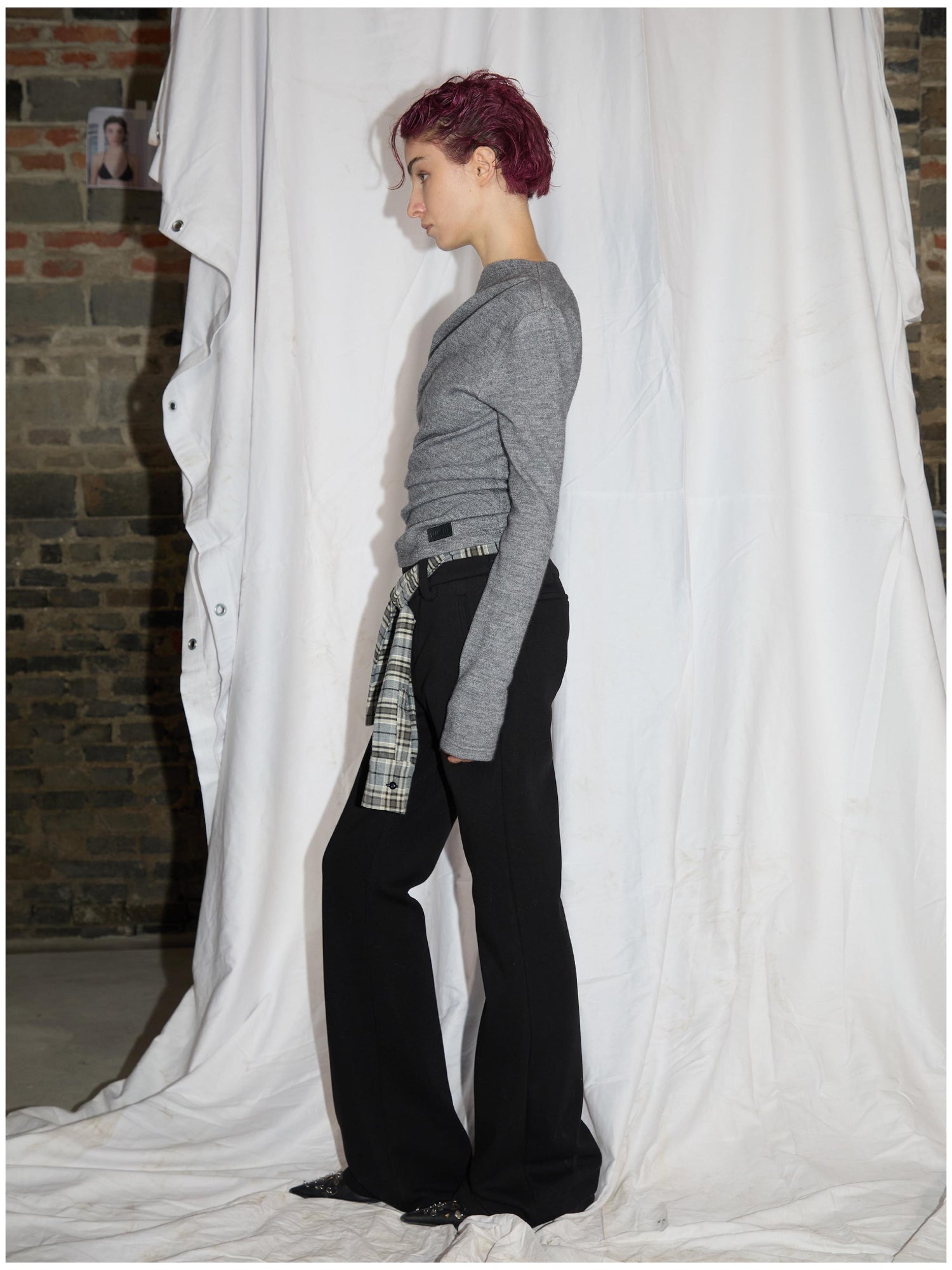 24ans Anti Pill Twist Asymmetrical Layering Top Black Grey
