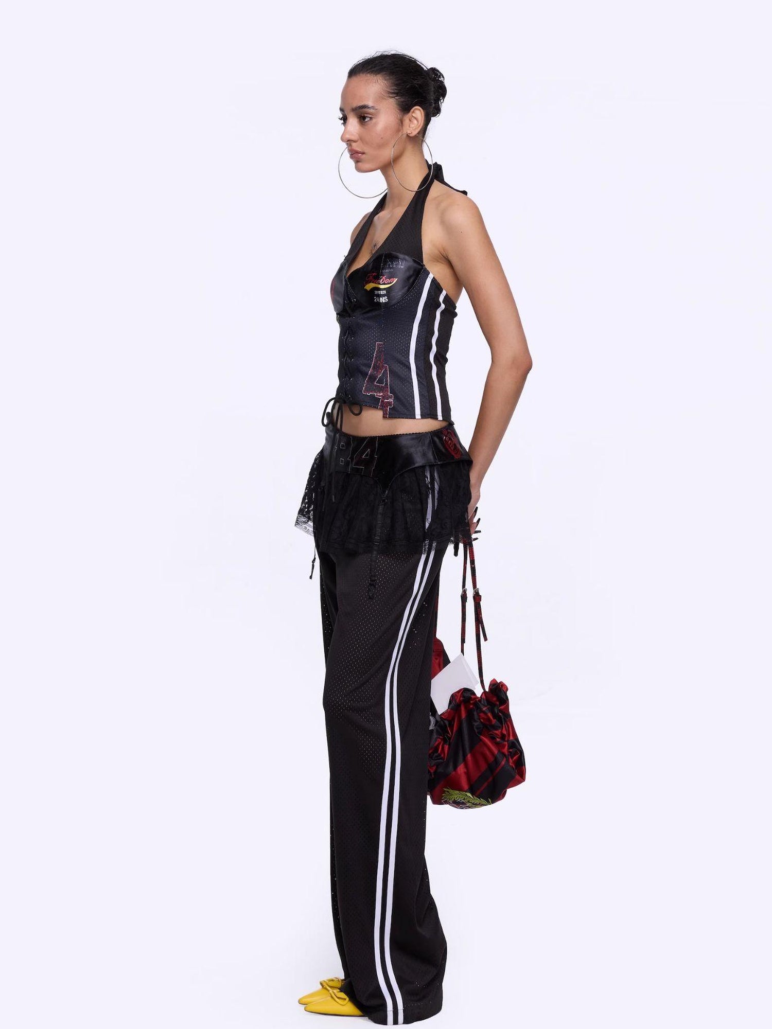 24ans Asymmetrical Graphic Print Adjustable Mesh Halter Top