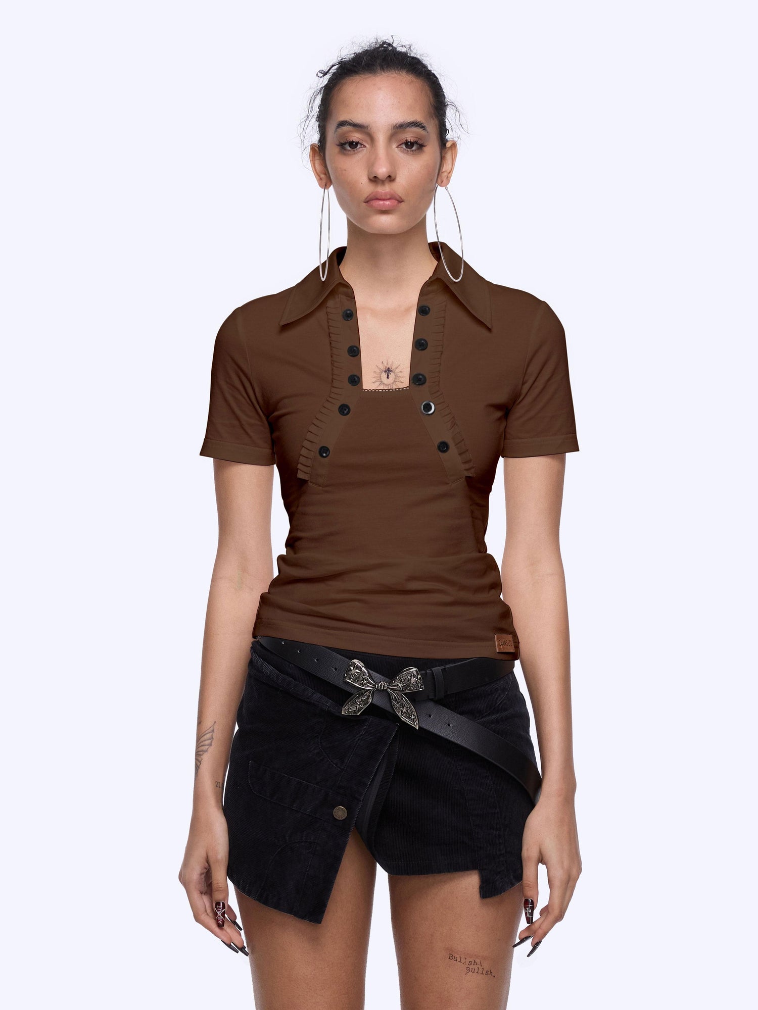 24ans Back Cutout Lettering Print Polo Collar Laced Short Sleeve T-Shirt