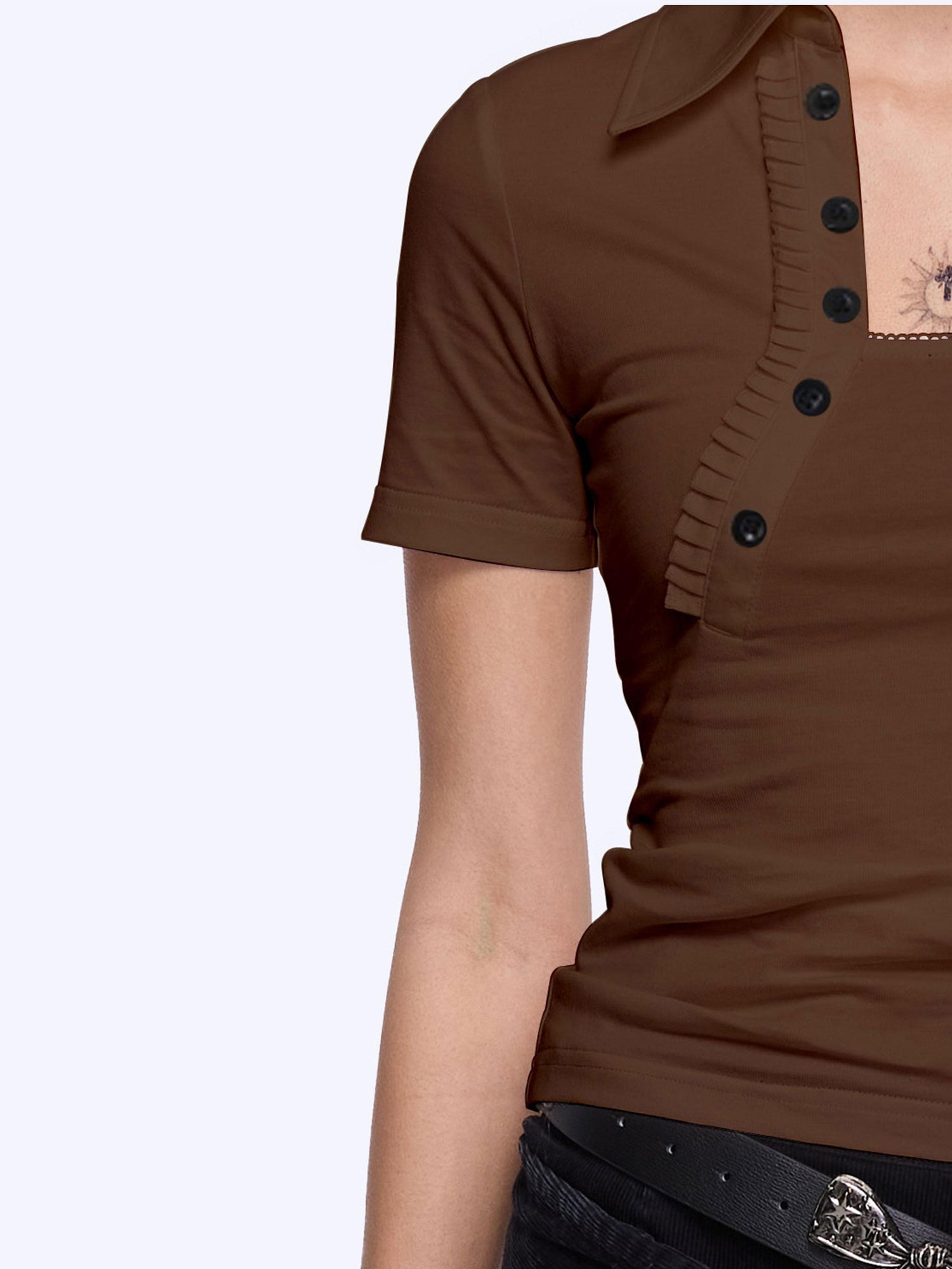 24ans Back Cutout Lettering Print Polo Collar Laced Short Sleeve T-Shirt