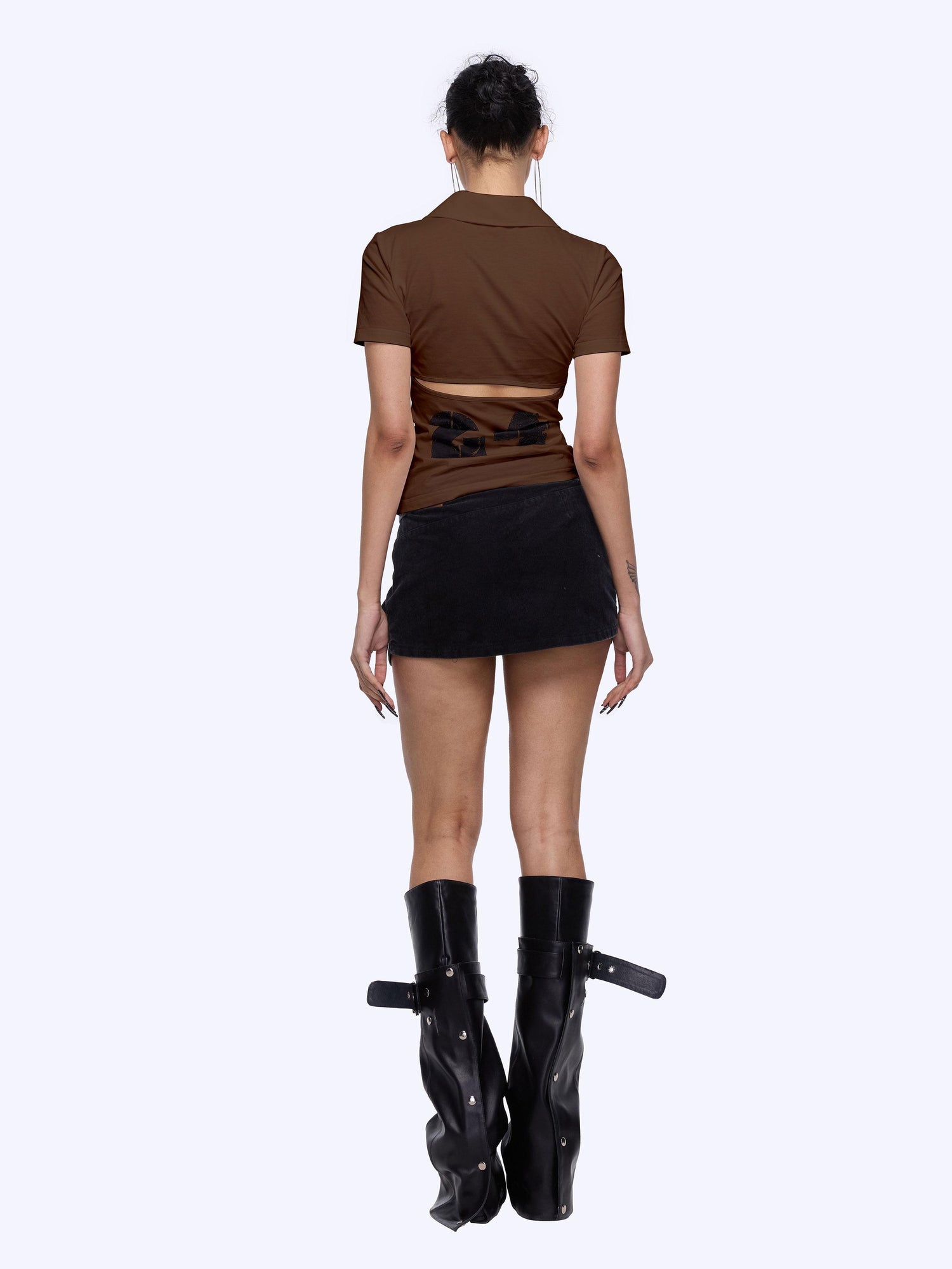 24ans Back Cutout Lettering Print Polo Collar Laced Short Sleeve T-Shirt