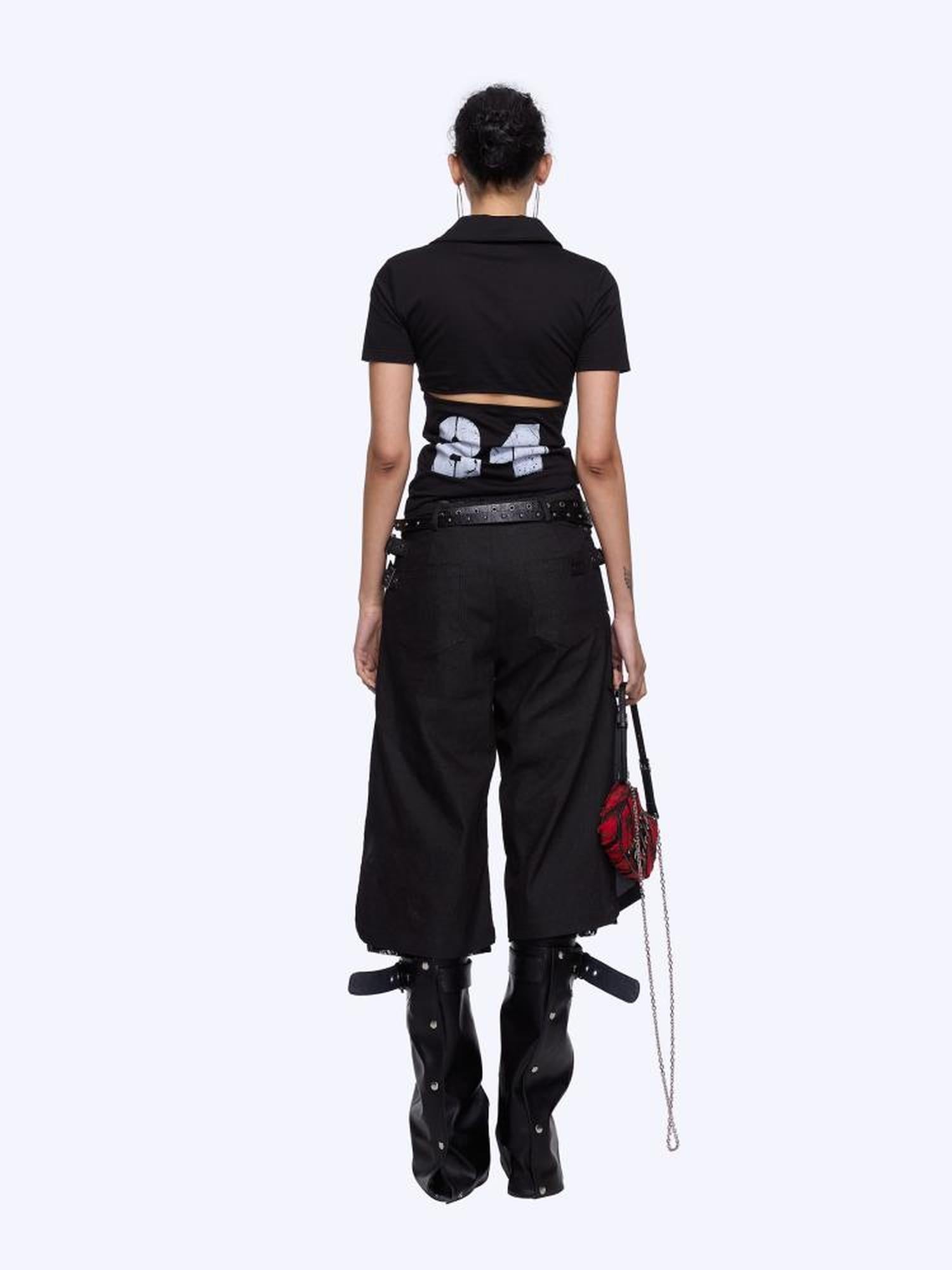 24ans Back Cutout Lettering Print Polo Collar Laced Short Sleeve T-Shirt