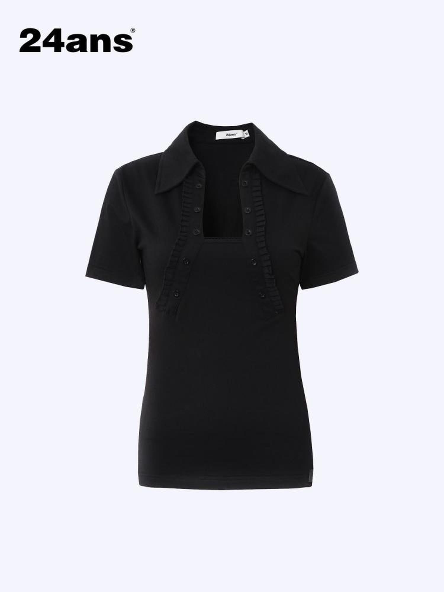 24ans Back Cutout Lettering Print Polo Collar Laced Short Sleeve T-Shirt