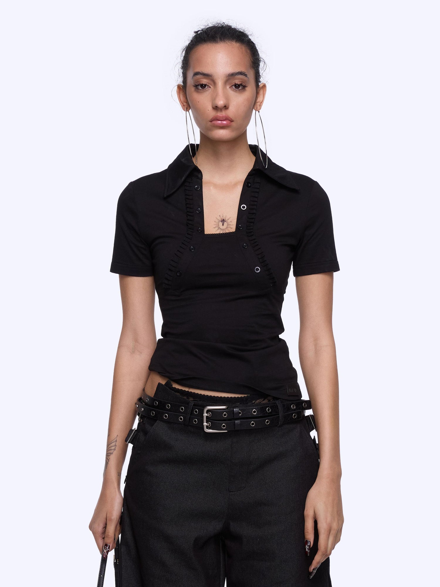 24ans Back Cutout Lettering Print Polo Collar Laced Short Sleeve T-Shirt
