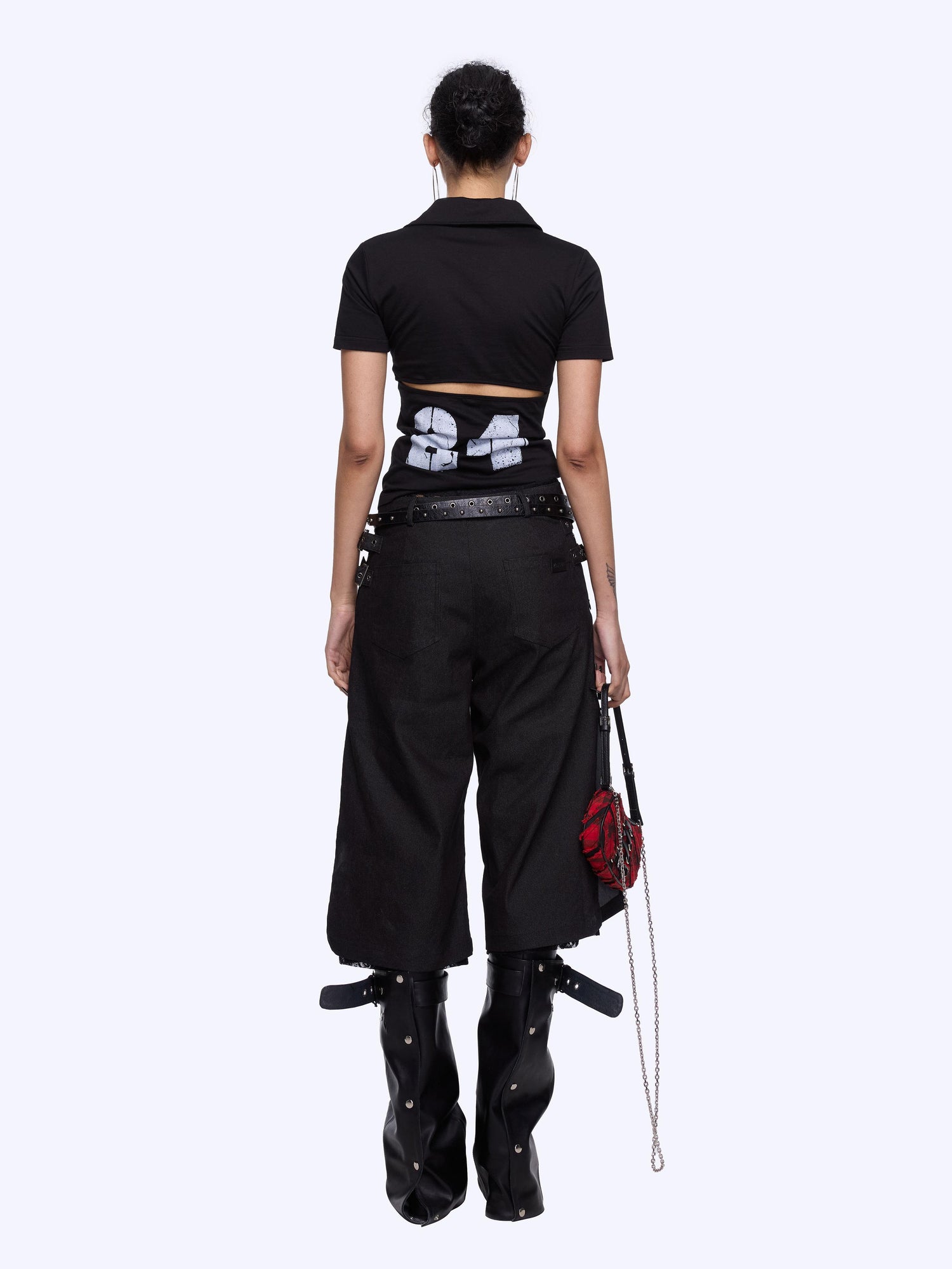 24ans Back Cutout Lettering Print Polo Collar Laced Short Sleeve T-Shirt