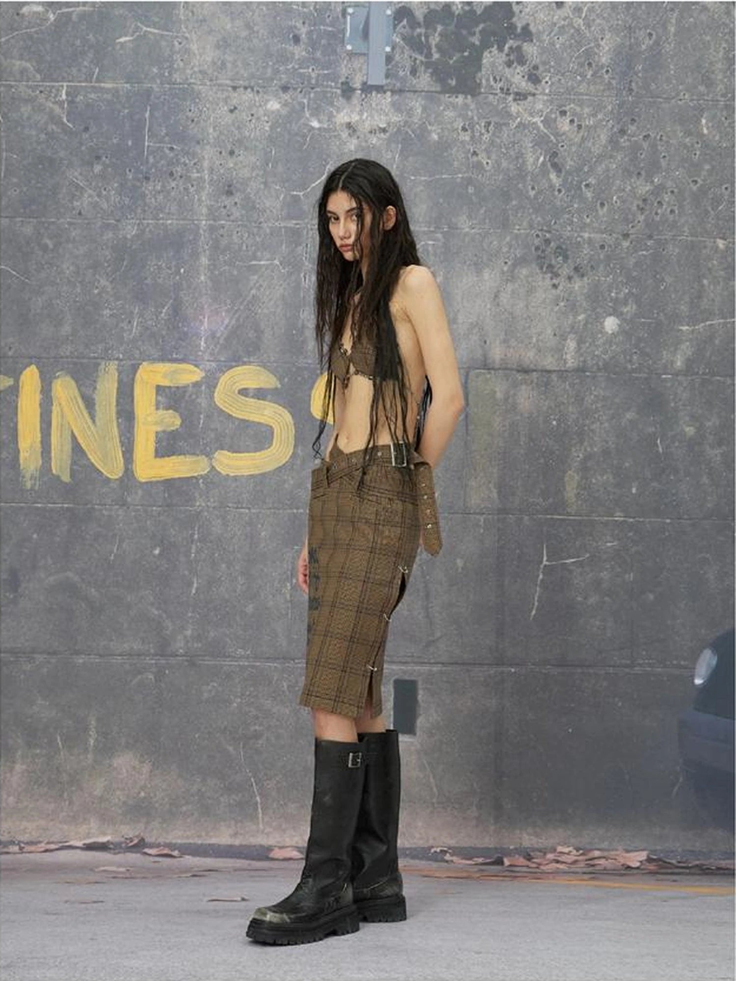 Backless Grey Brown Structured Shirt And Skirt Set