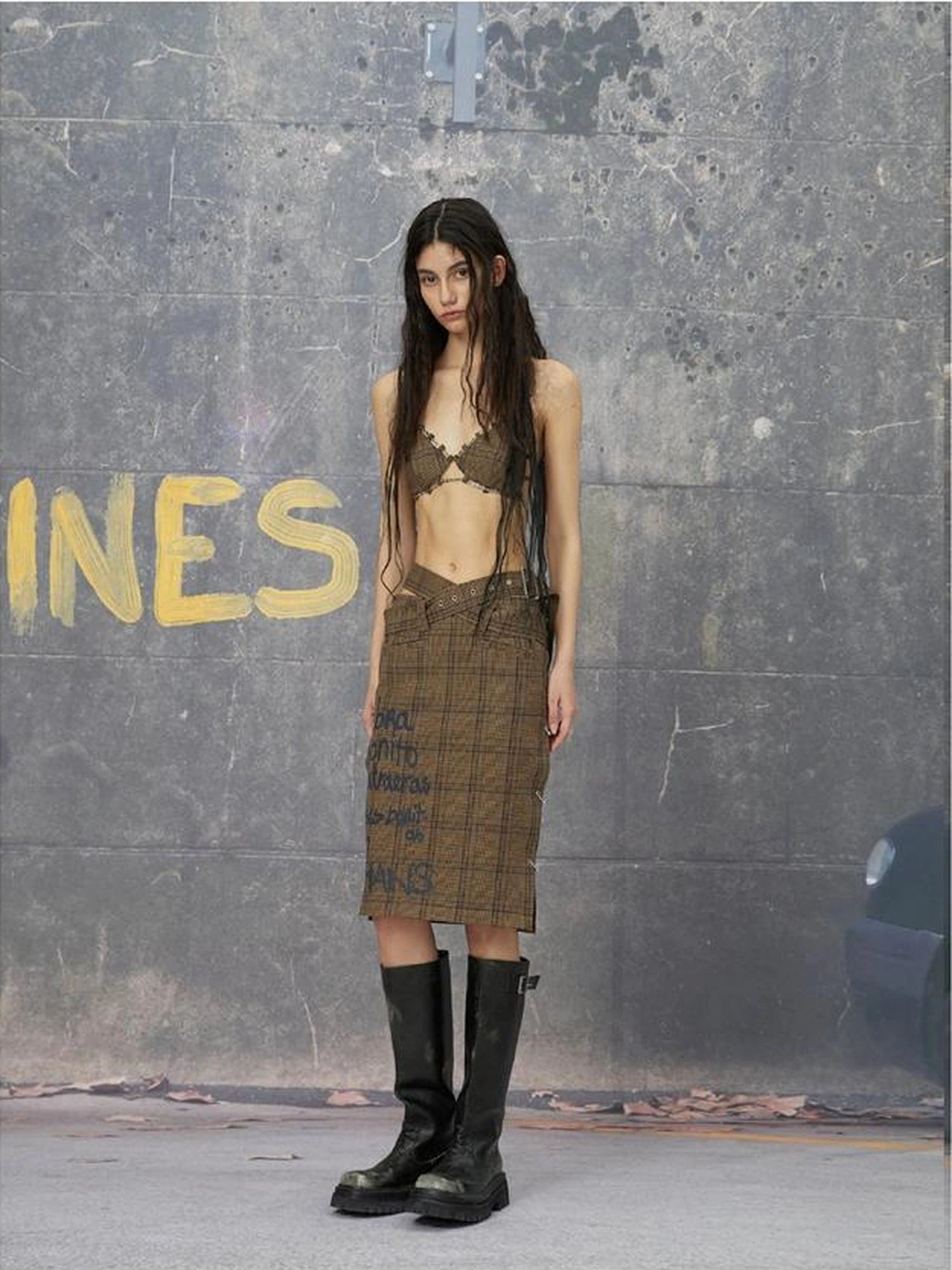 Backless Grey Brown Structured Shirt And Skirt Set