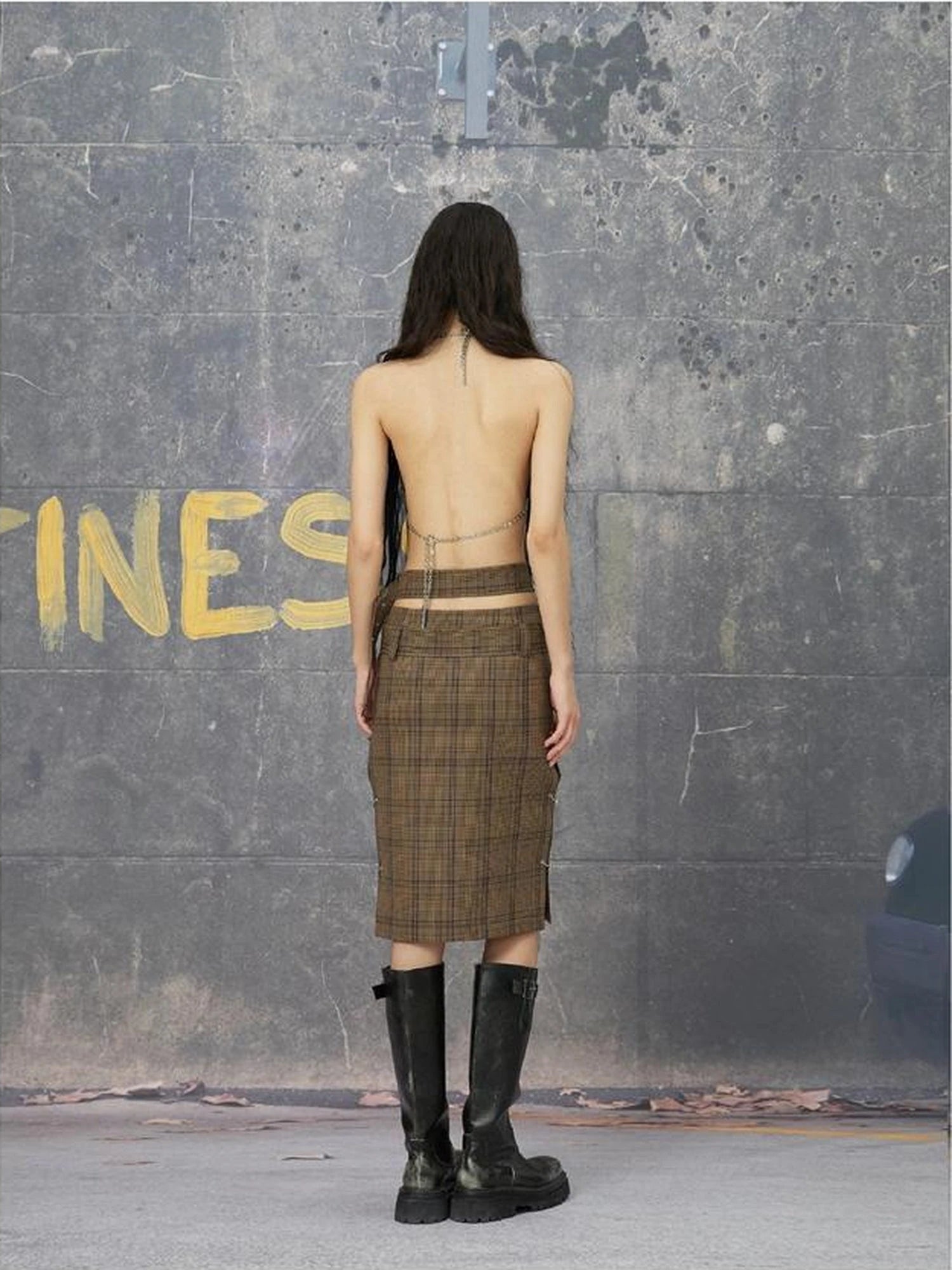 Backless Grey Brown Structured Shirt And Skirt Set