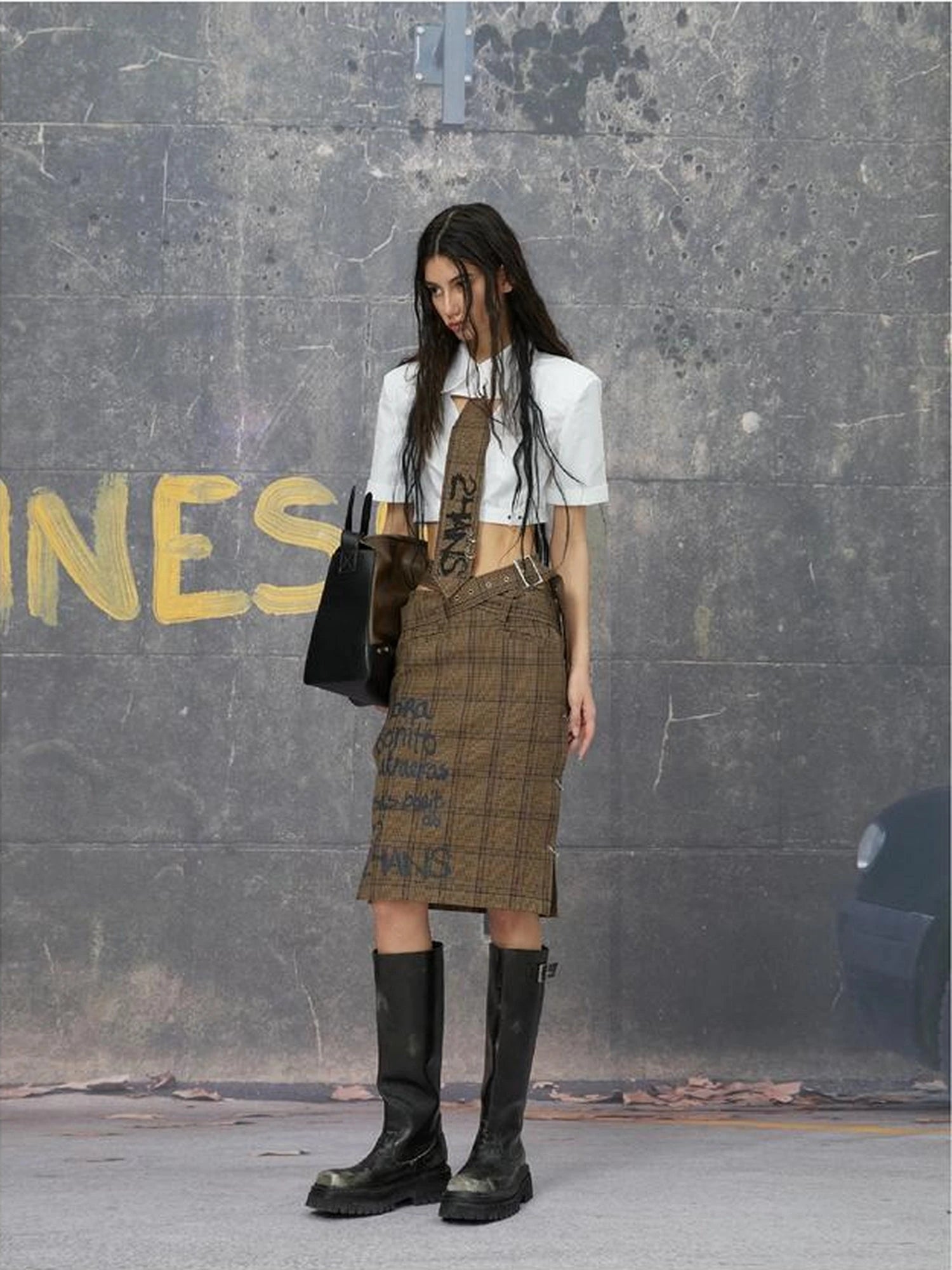 Backless Grey Brown Structured Shirt And Skirt Set