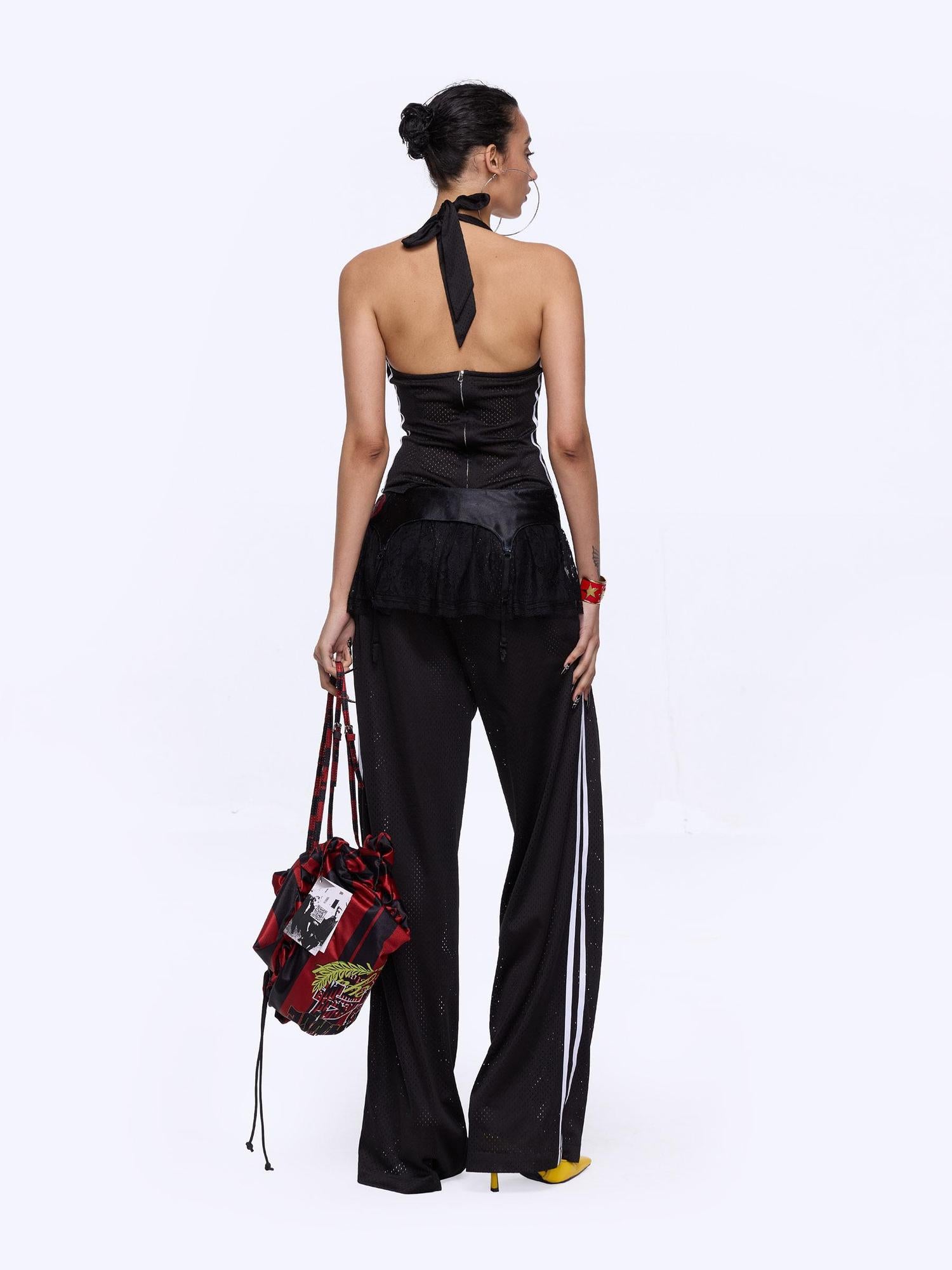 24ans Black Ball Pants with Side Zipper Waist Lace Trim Wide Leg Sheer