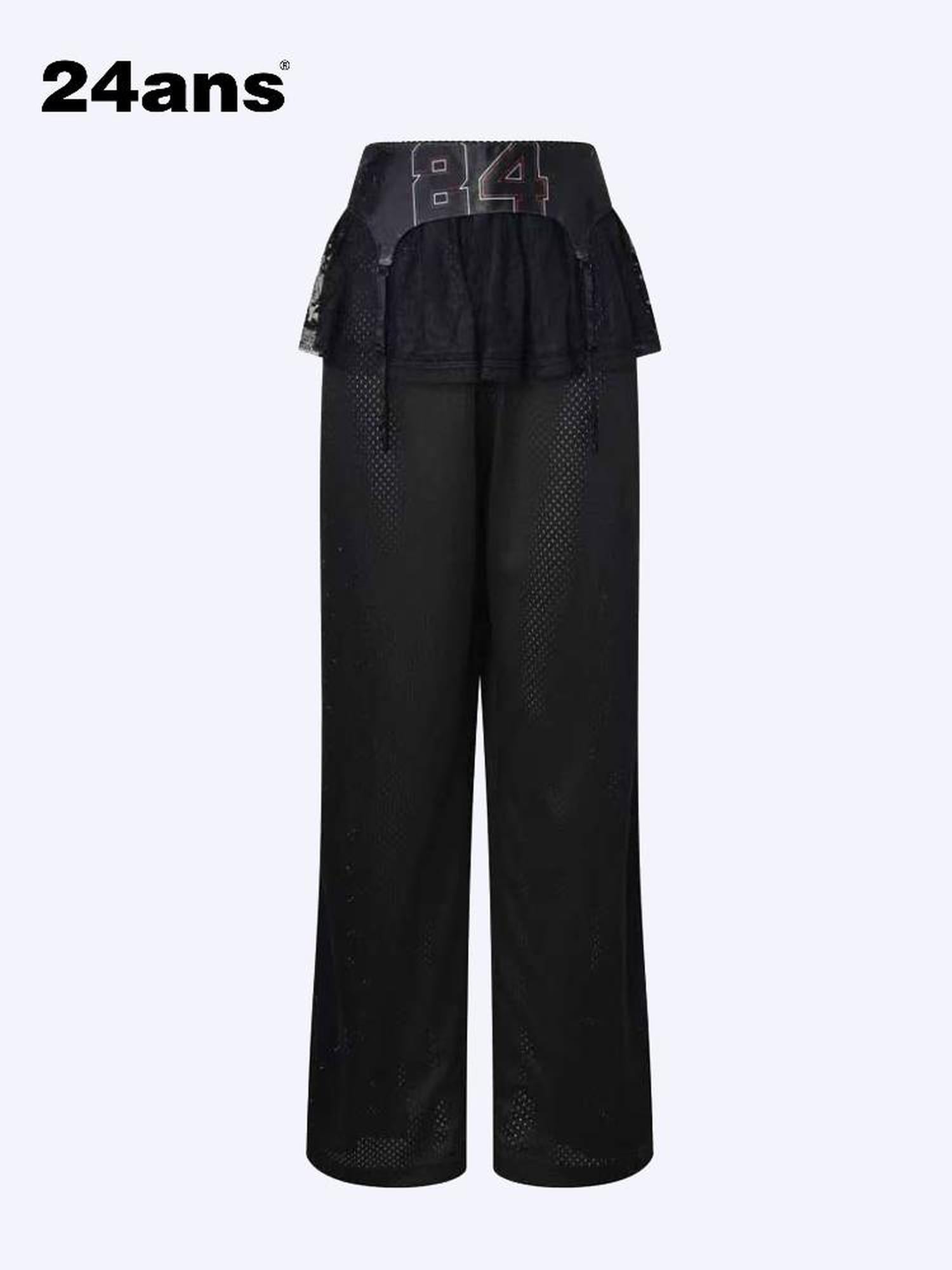 24ans Black Ball Pants with Side Zipper Waist Lace Trim Wide Leg Sheer