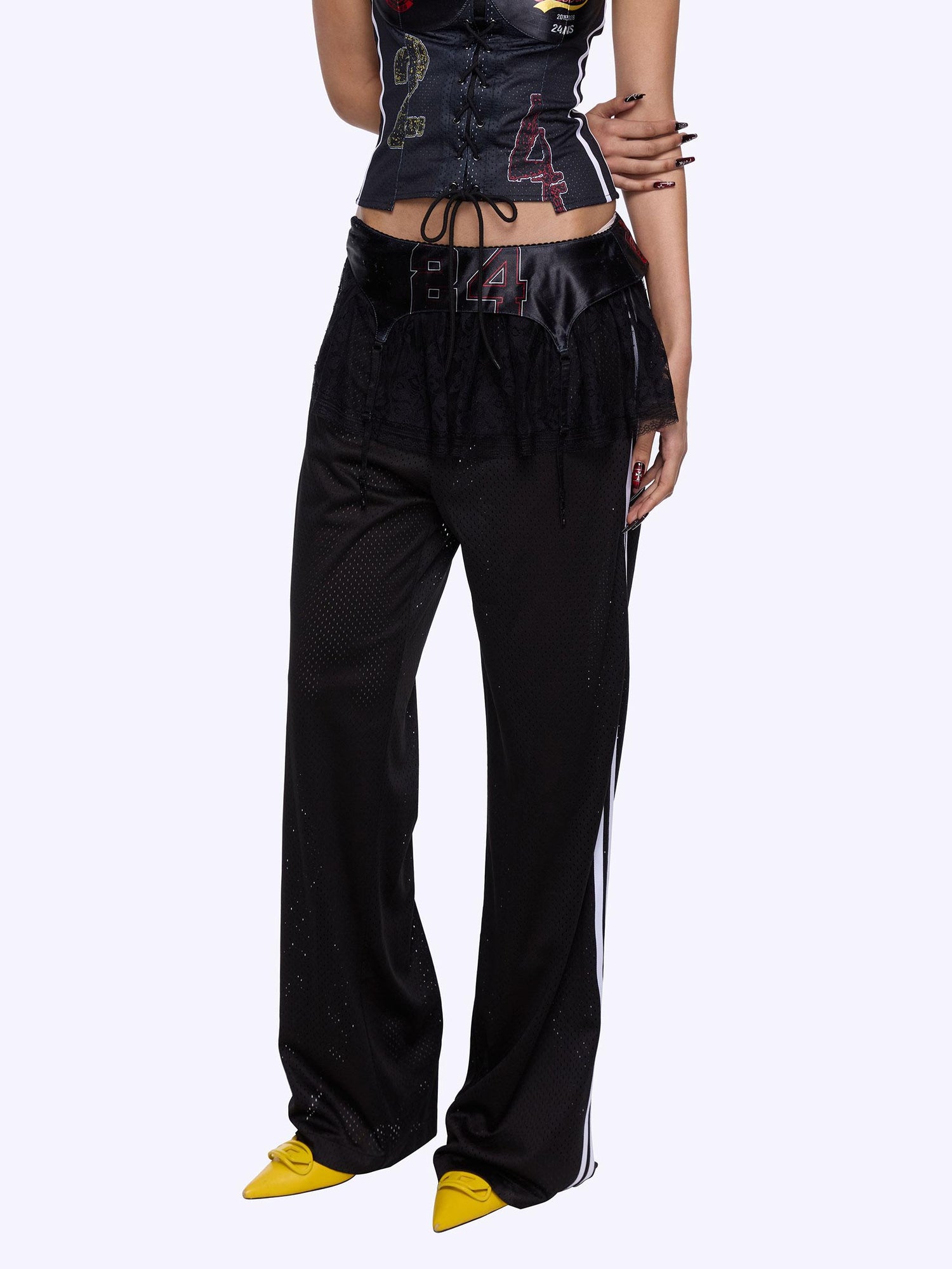 24ans Black Ball Pants with Side Zipper Waist Lace Trim Wide Leg Sheer