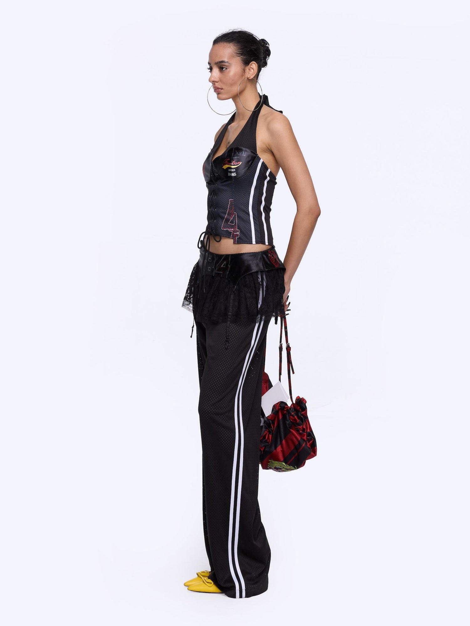 24ans Black Ball Pants with Side Zipper Waist Lace Trim Wide Leg Sheer