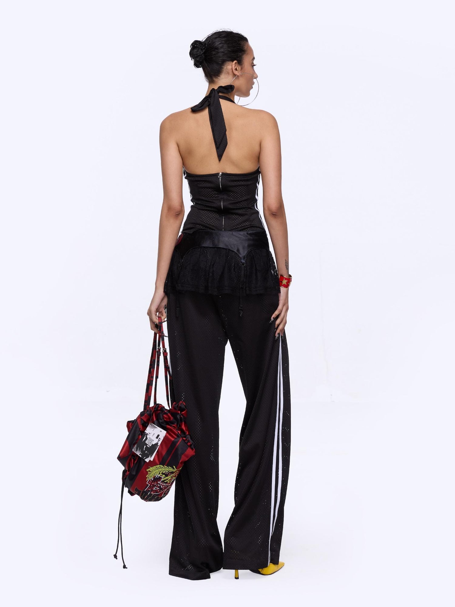 24ans Black Ball Pants with Side Zipper Waist Lace Trim Wide Leg Sheer