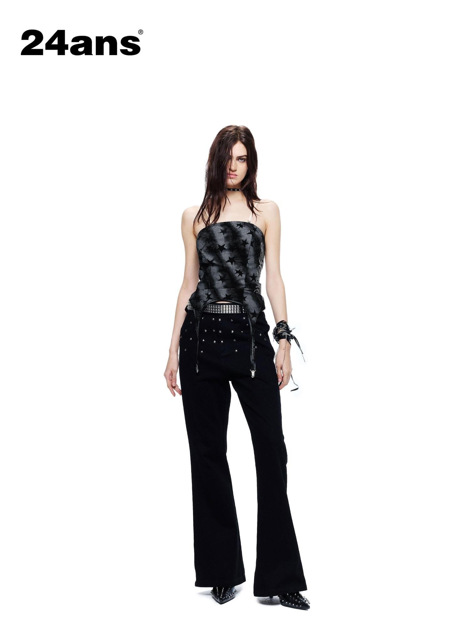 24ans Black Leopard Punk Grunge Ombre Print Beaded Anti Slip Women&