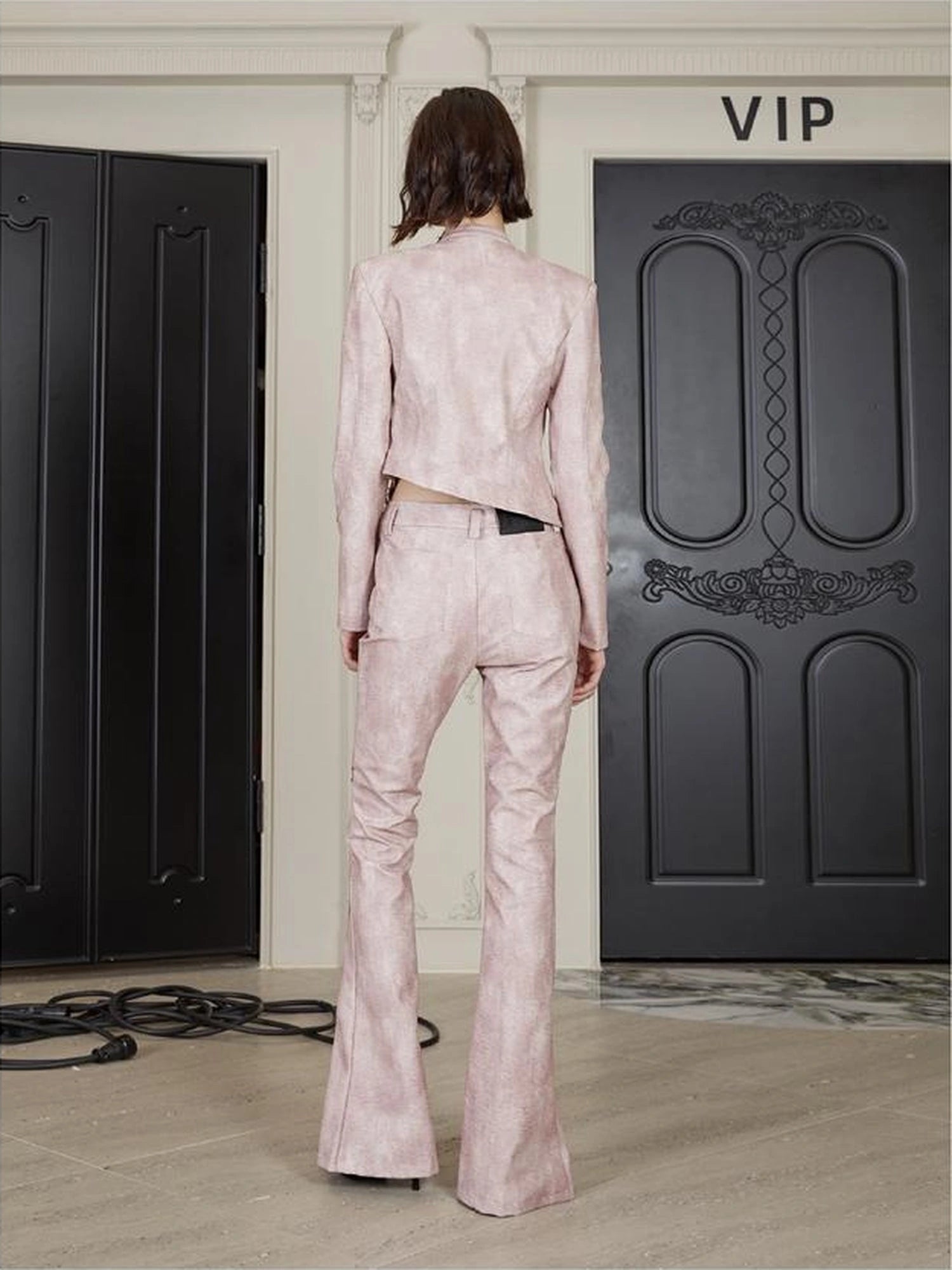 Black Pu Biker Jacket With Side Zipper Snap Pants Set