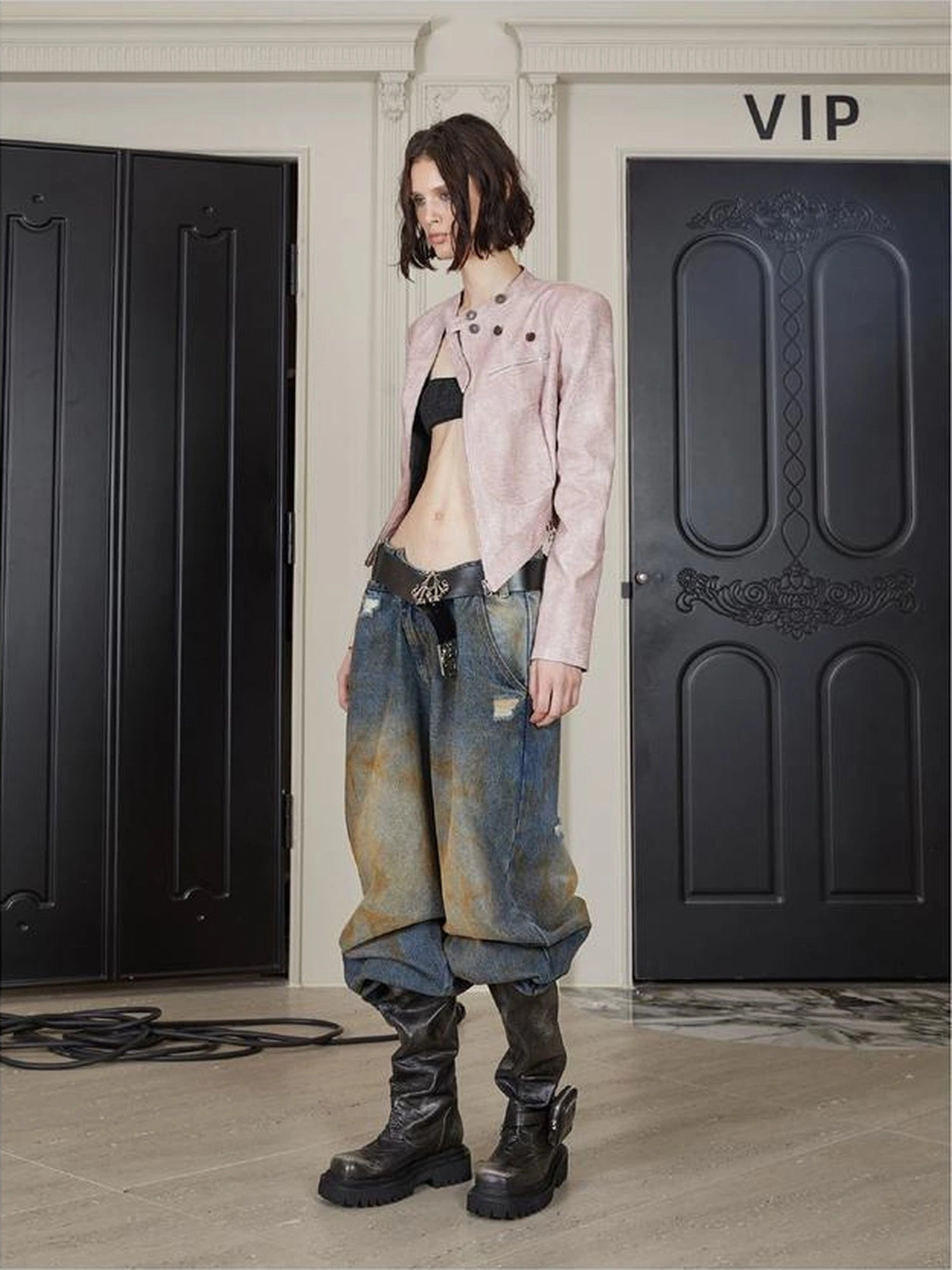 Black Pu Biker Jacket With Side Zipper Snap Pants Set