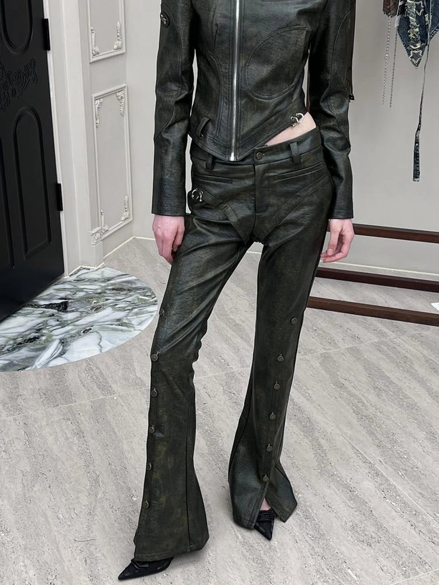 Black Pu Biker Jacket With Side Zipper Snap Pants Set