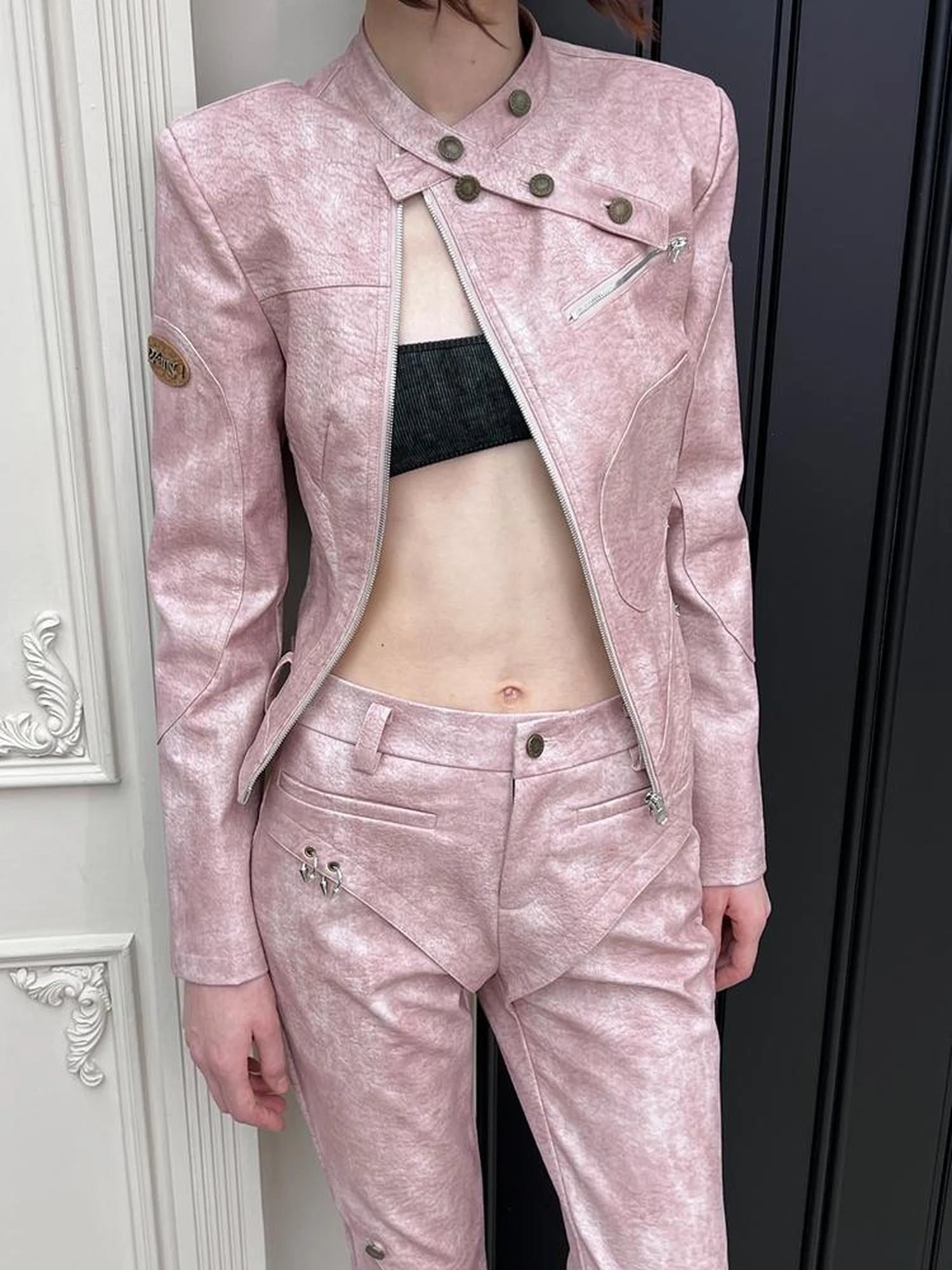 Black Pu Biker Jacket With Side Zipper Snap Pants Set