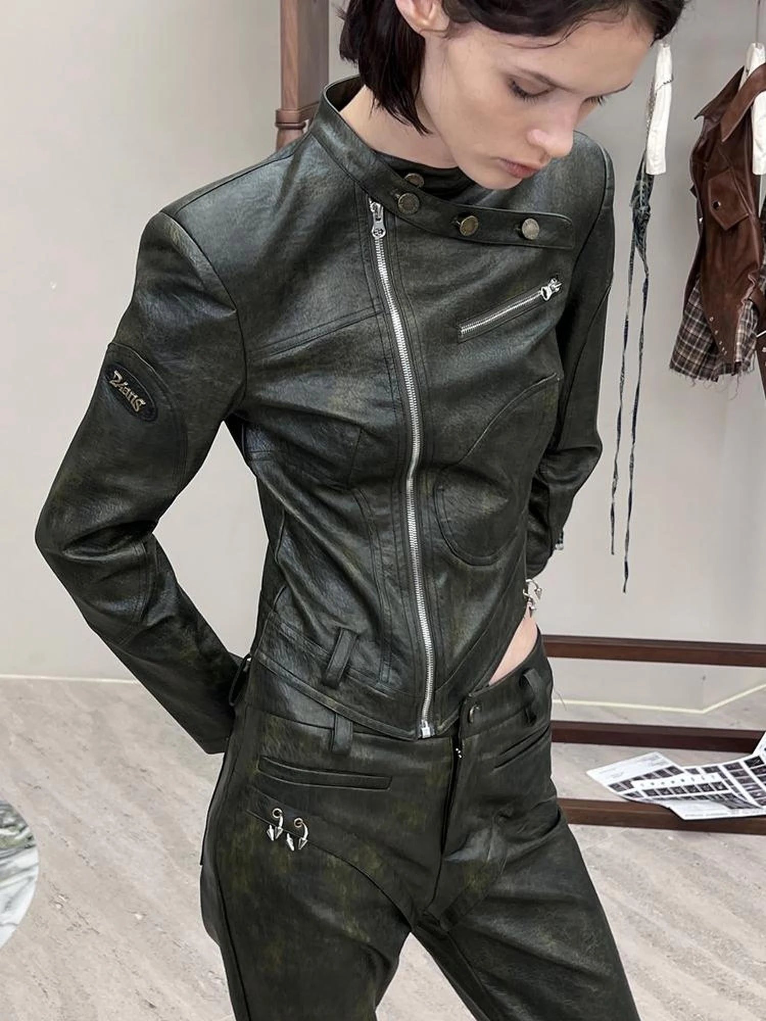 Black Pu Biker Jacket With Side Zipper Snap Pants Set