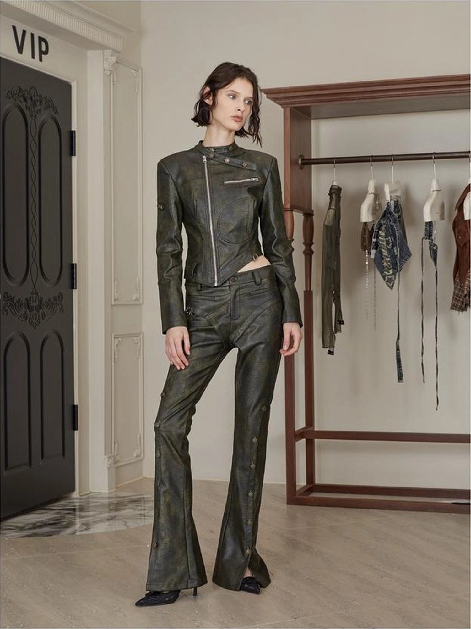 Black Pu Biker Jacket With Side Zipper Snap Pants Set