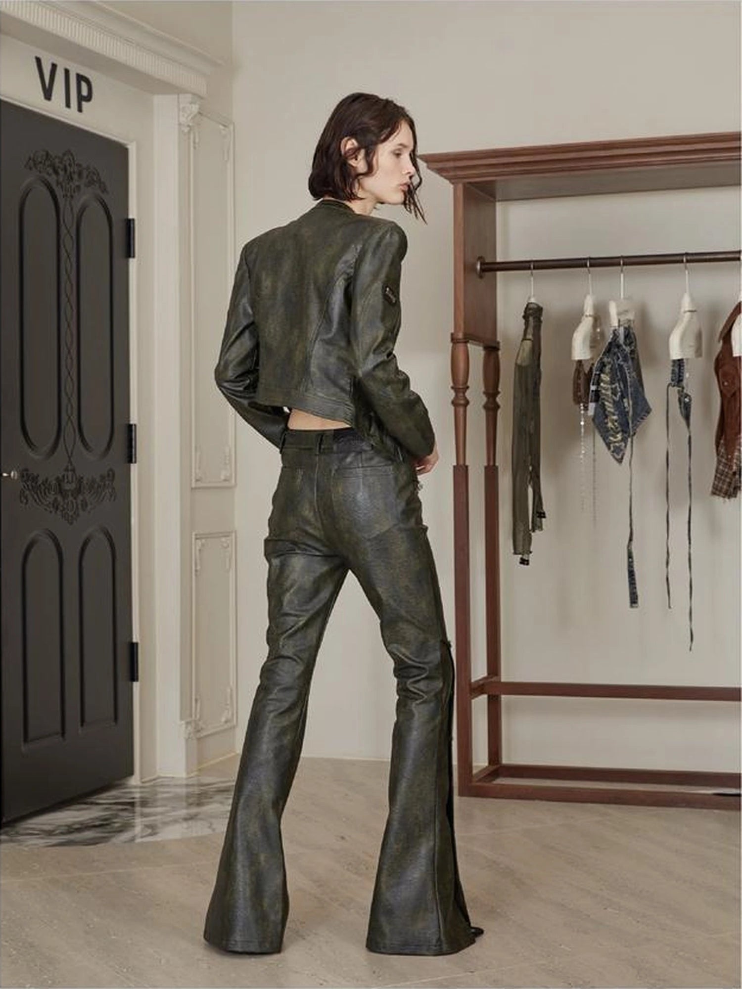 Black Pu Biker Jacket With Side Zipper Snap Pants Set