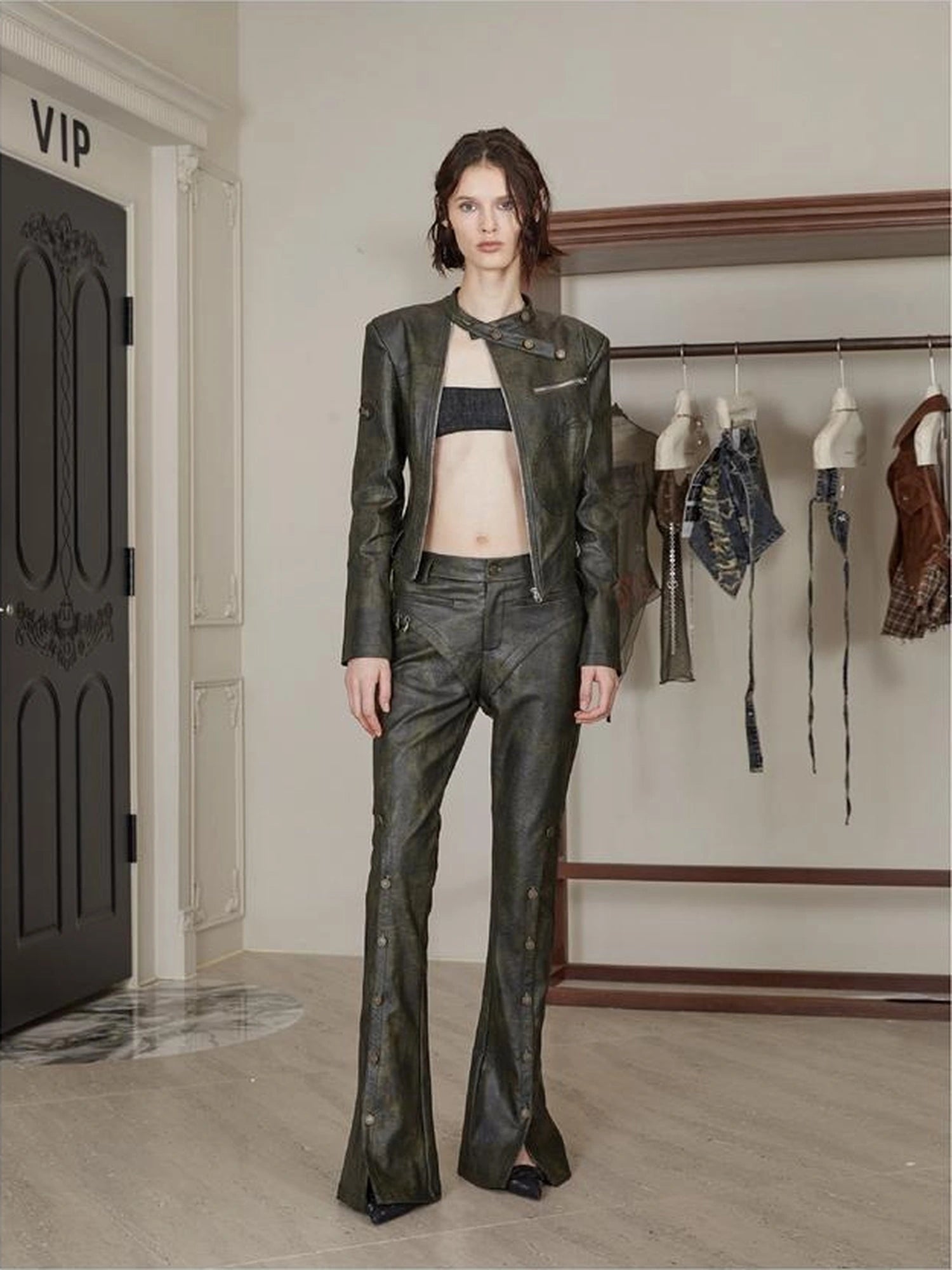 Black Pu Biker Jacket With Side Zipper Snap Pants Set