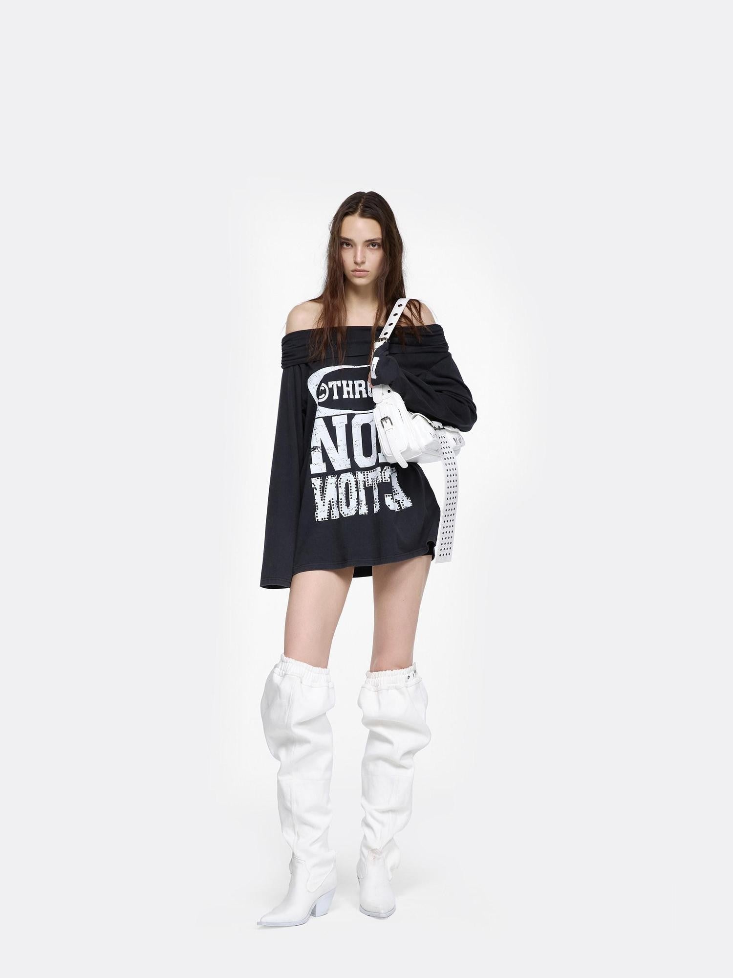 24ans Black Rhinestone Letter Print One Shoulder Women&
