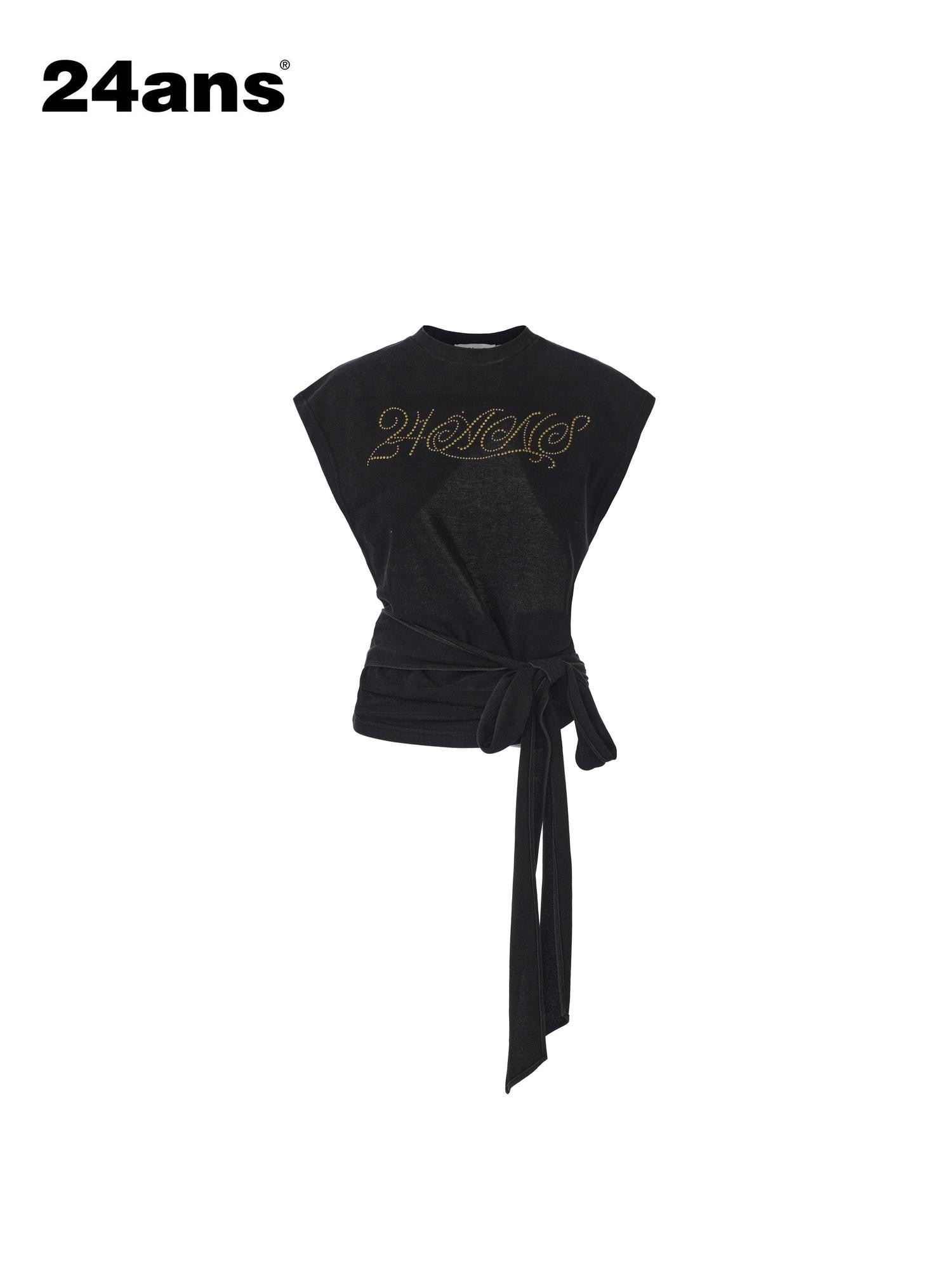 24ans Black Salt Washed Back Cutout Beaded Cropped Women&