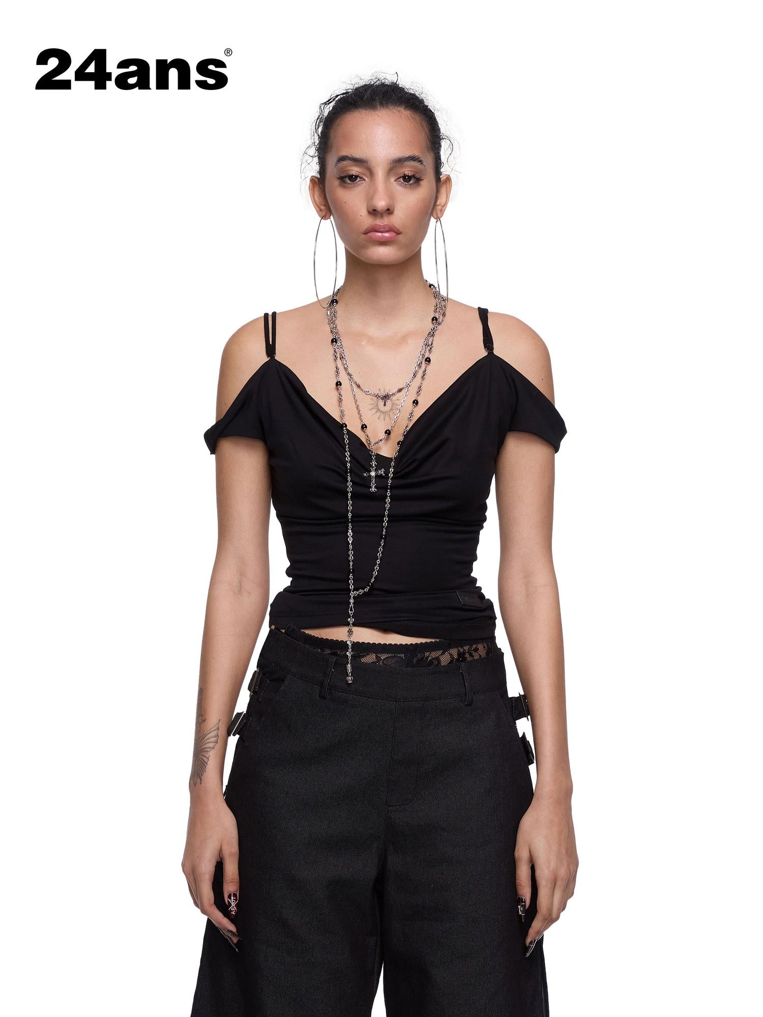 24ans Black Sequin Cowl Neck Sleeveless T Shirt