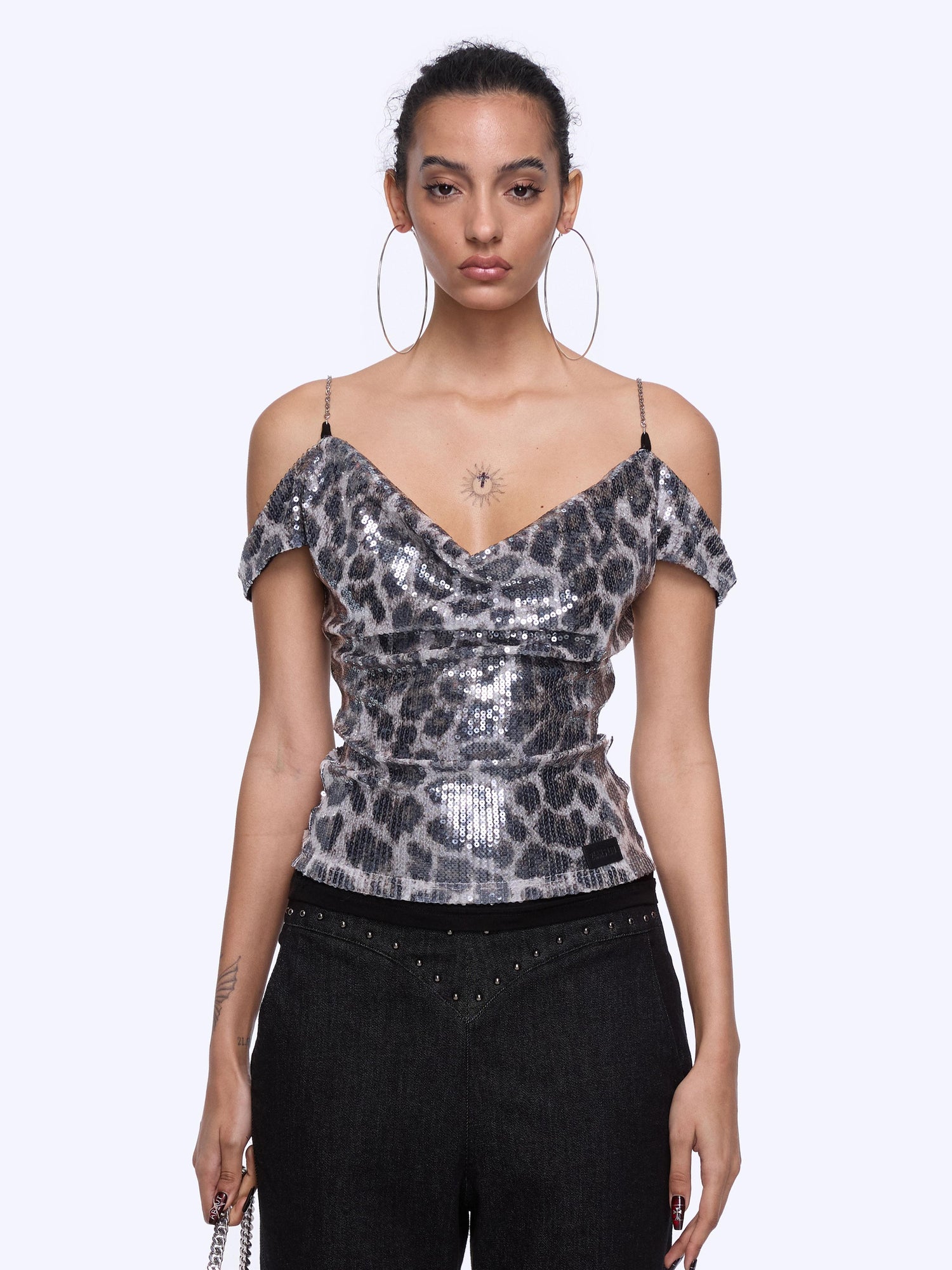 24ans Black Sequin Cowl Neck Sleeveless T Shirt