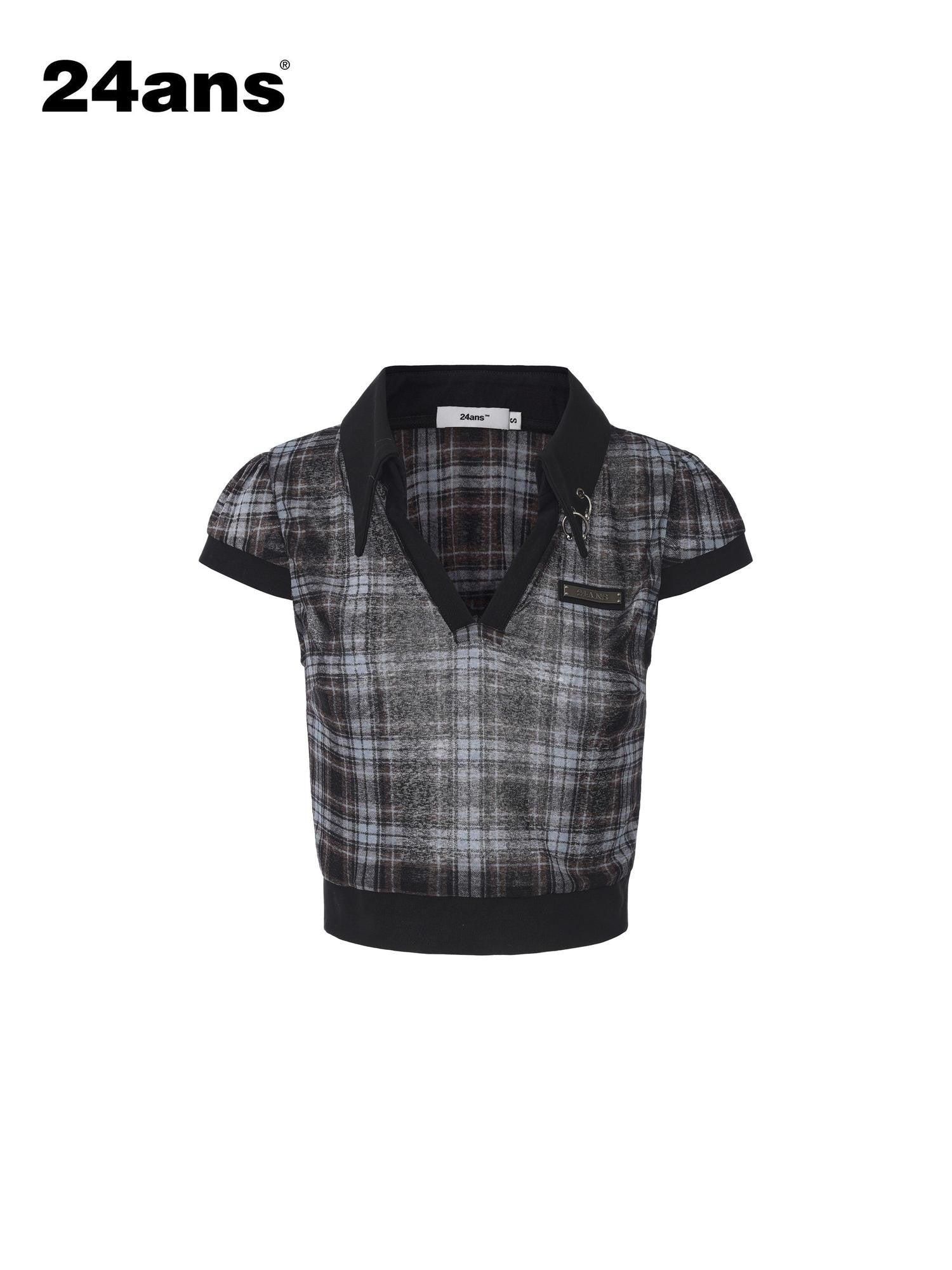 24ans Blue Plaid Washed Metal Button Leather Label Polo Women&