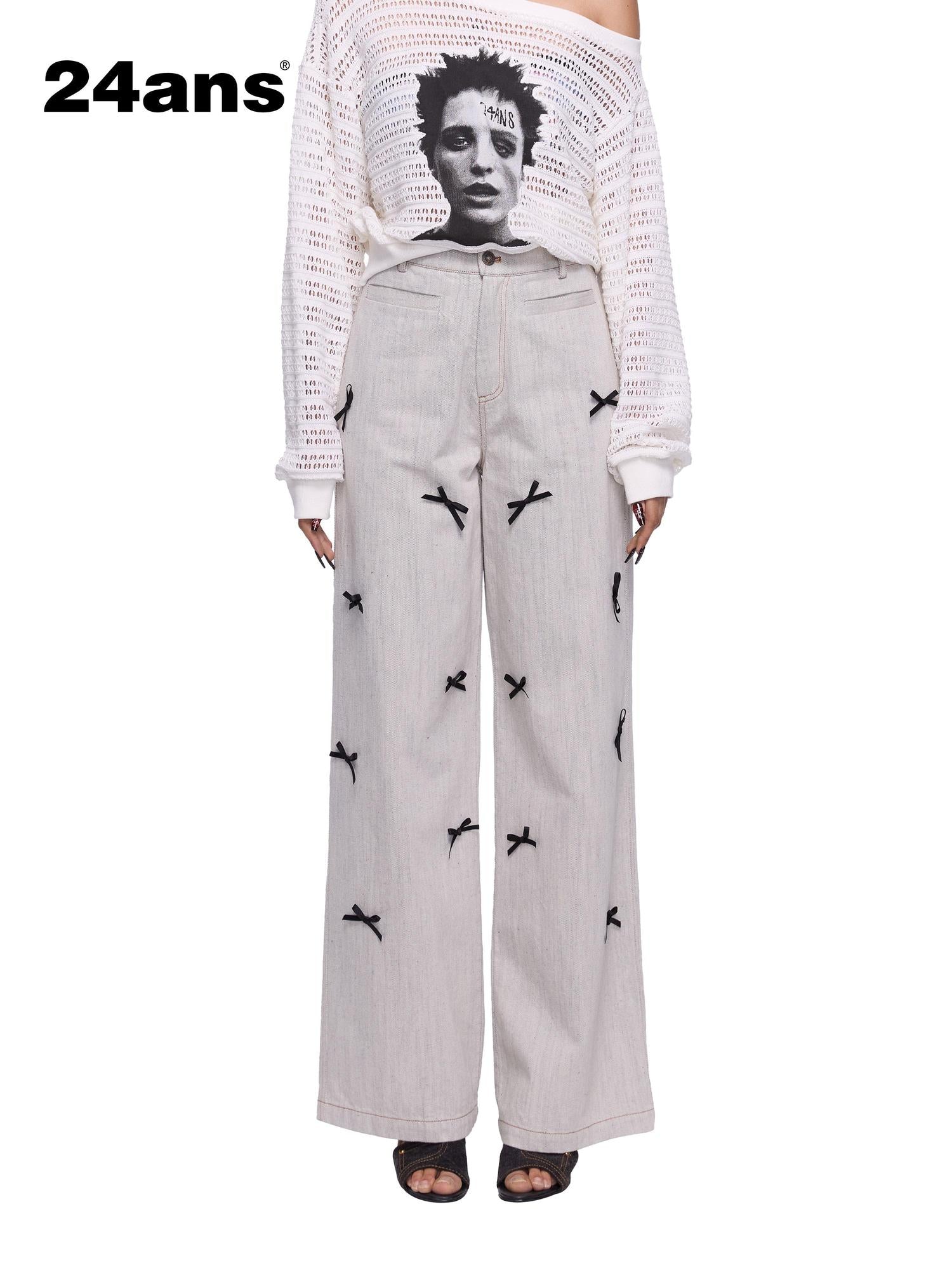 24ans Bow Tie Embroidered White Wide Leg Jeans