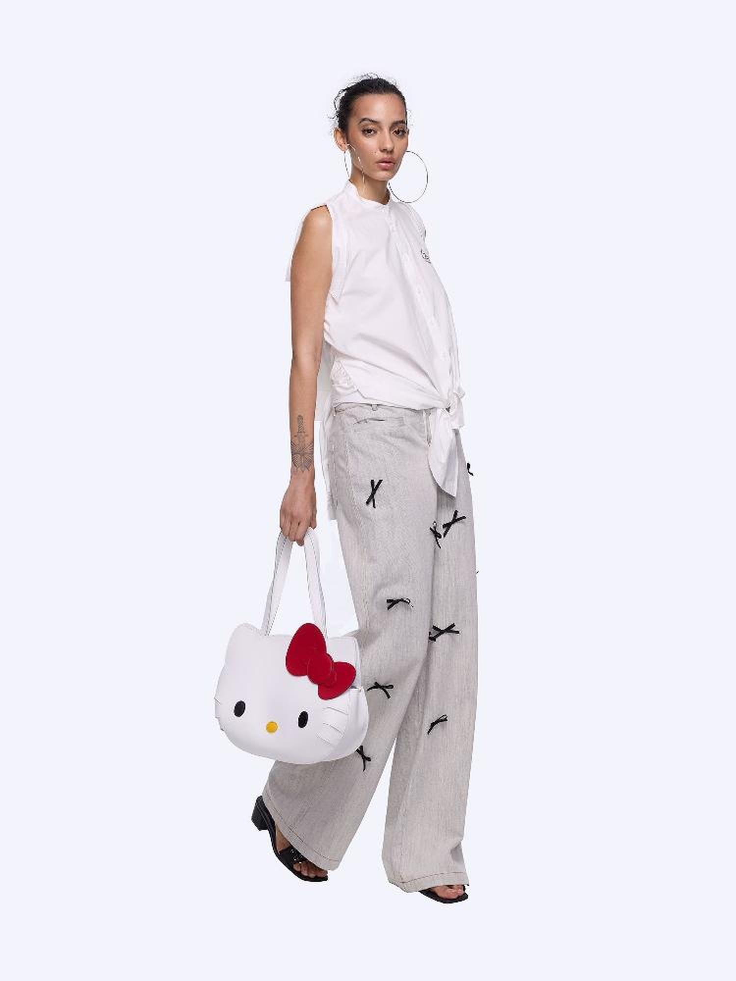 24ans Bow Tie Embroidered White Wide Leg Jeans