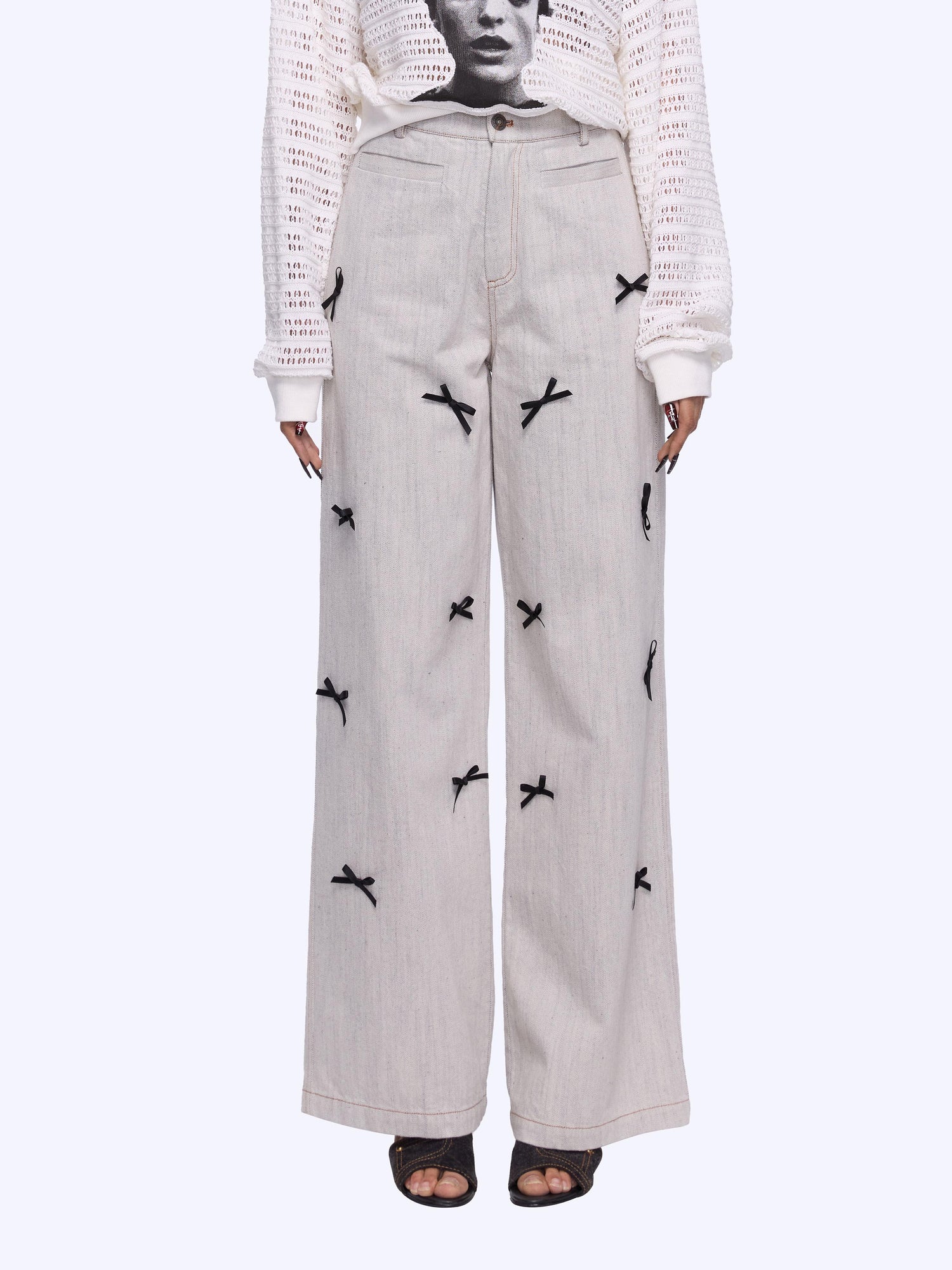 24ans Bow Tie Embroidered White Wide Leg Jeans