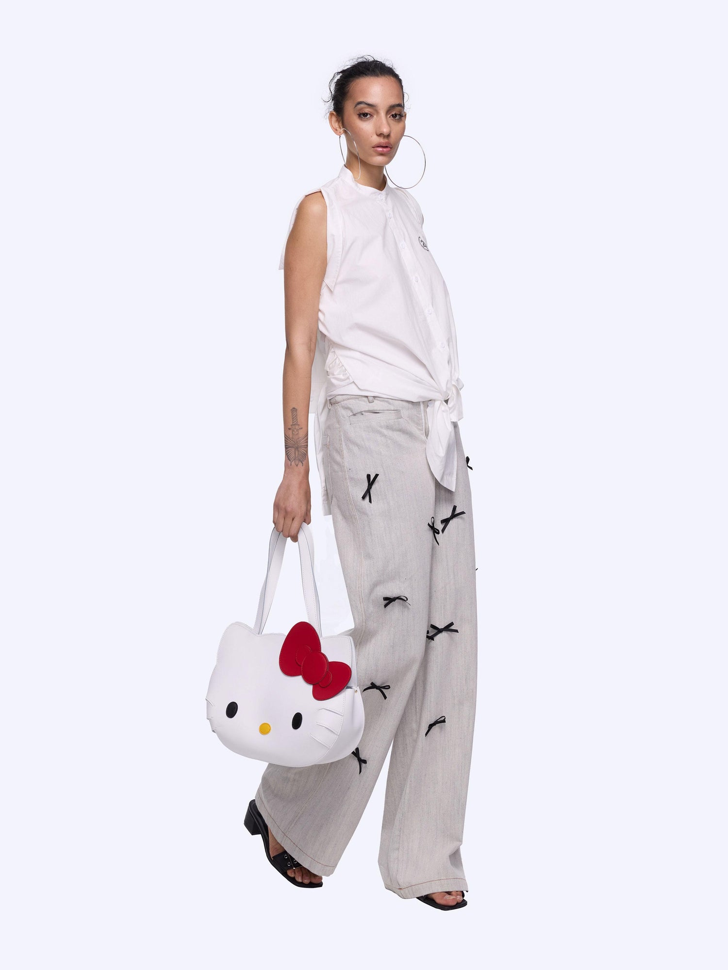 24ans Bow Tie Embroidered White Wide Leg Jeans