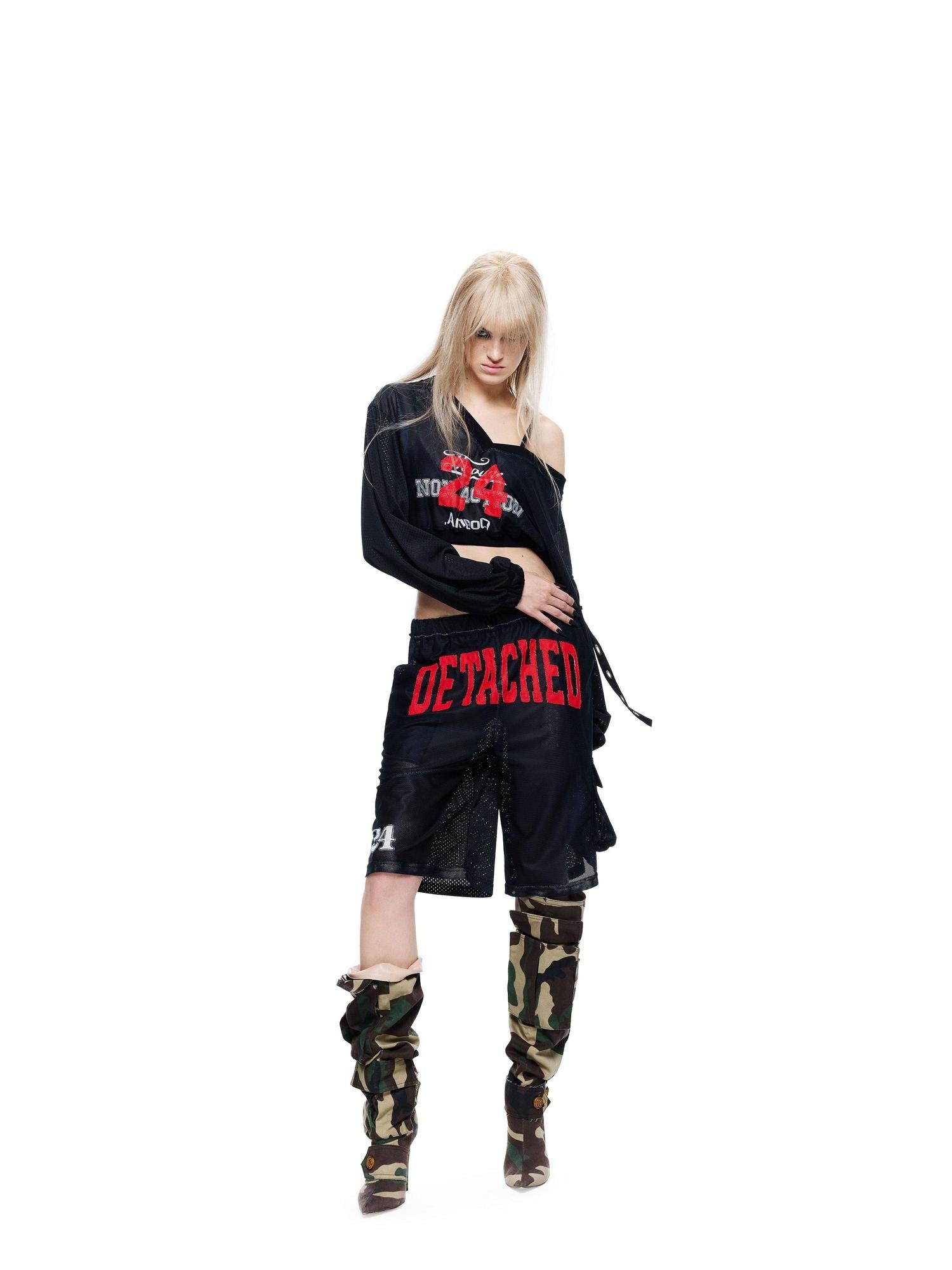 24ans Breathable Mesh Letter Print Long Sleeve Two Piece Casual Top & Shorts Sets