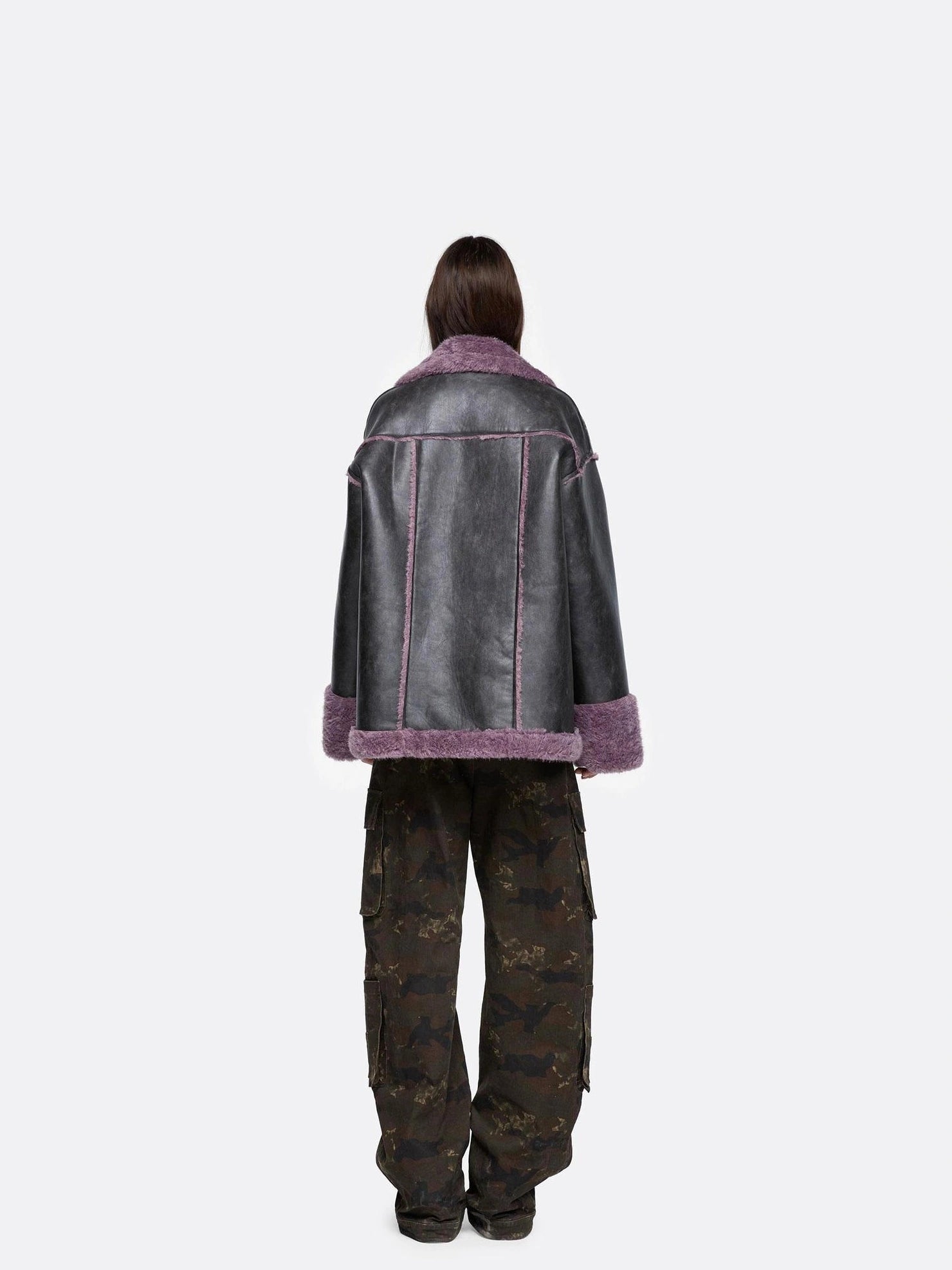 24ans Brown Purple Leather Trimmed Shirt Jacket Jacket