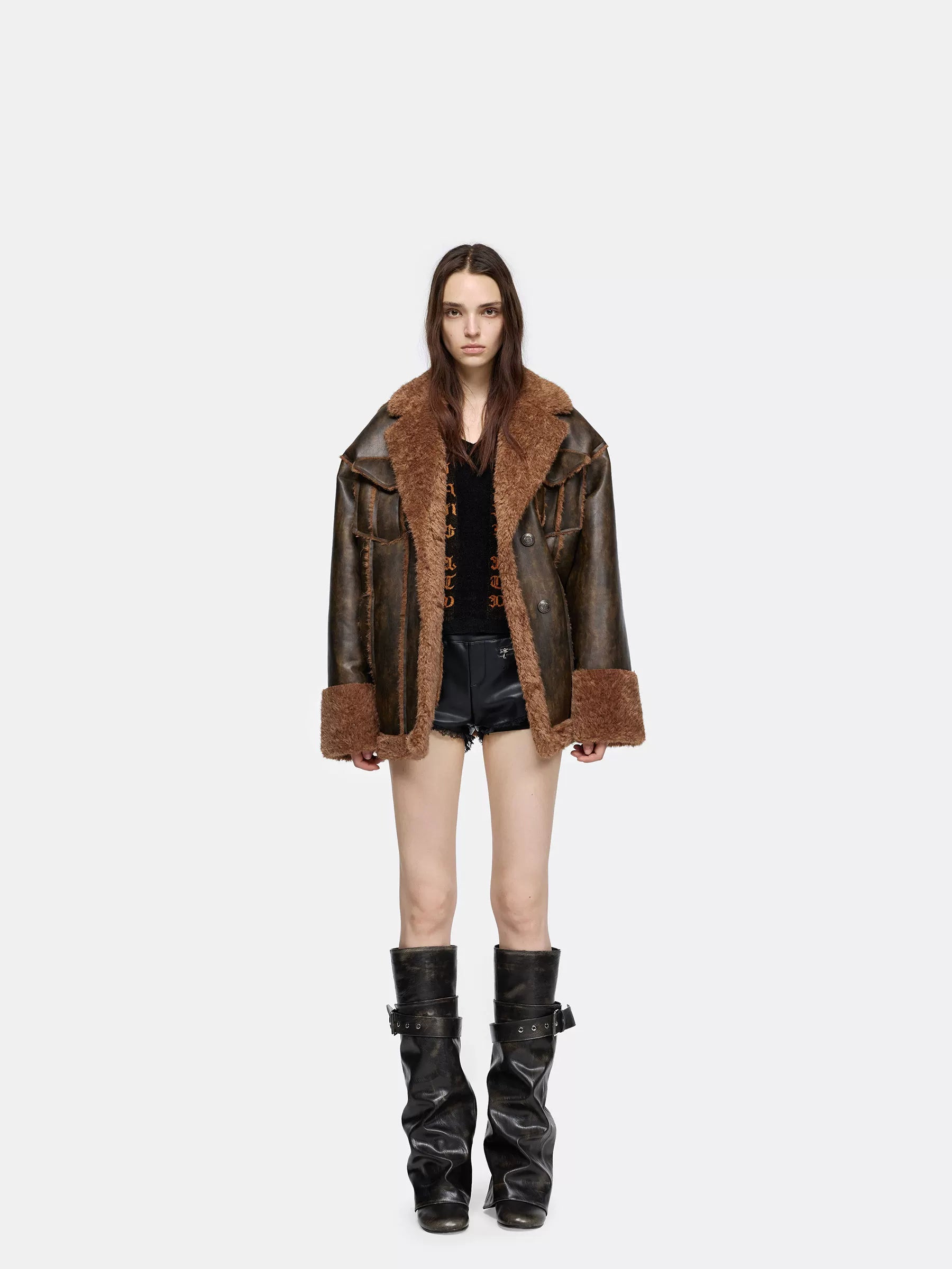 24ans Brown Purple Leather Trimmed Shirt Jacket Jacket-1