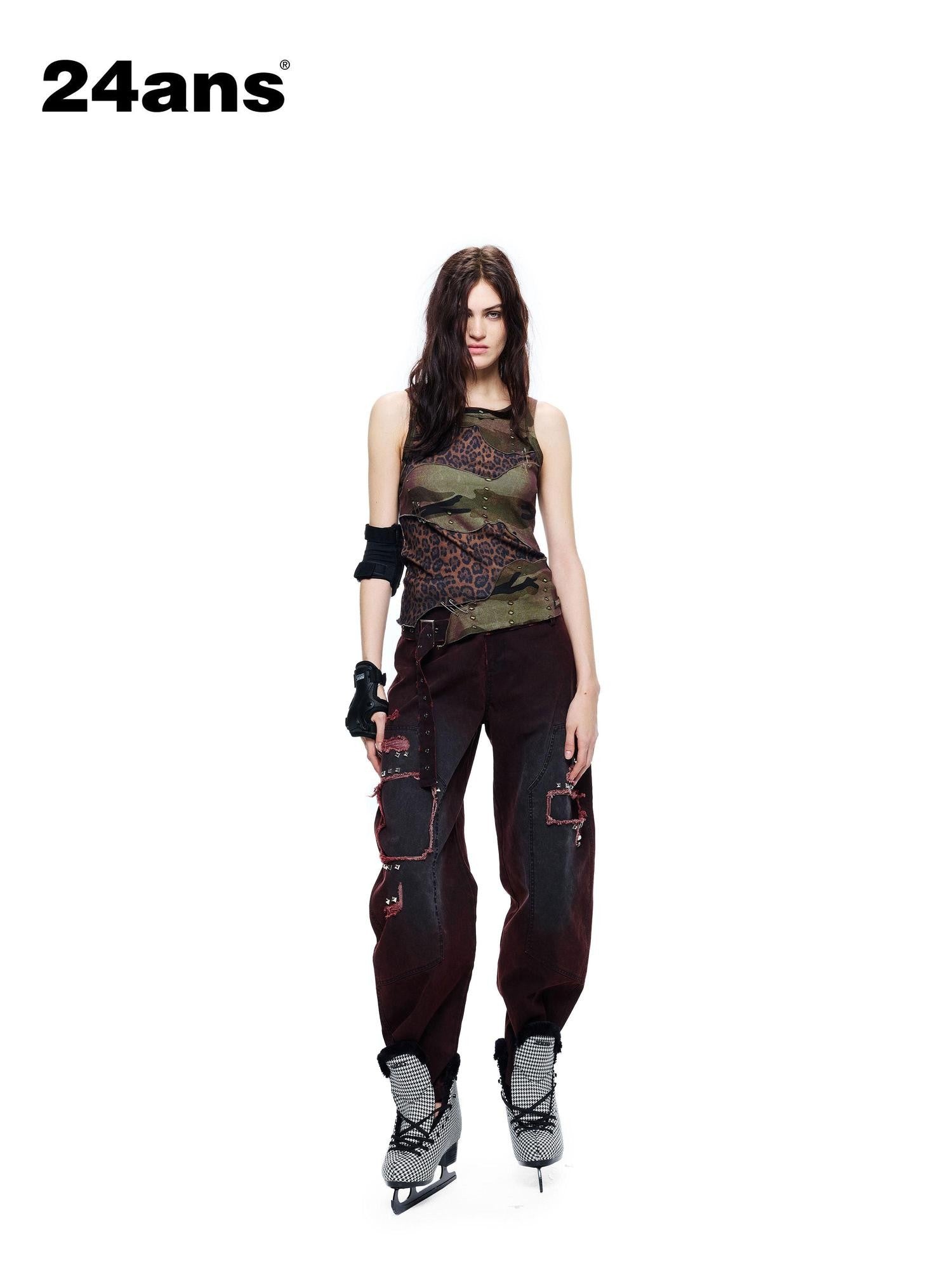 24ans Camo Leopard Deconstructed Distressed Women&