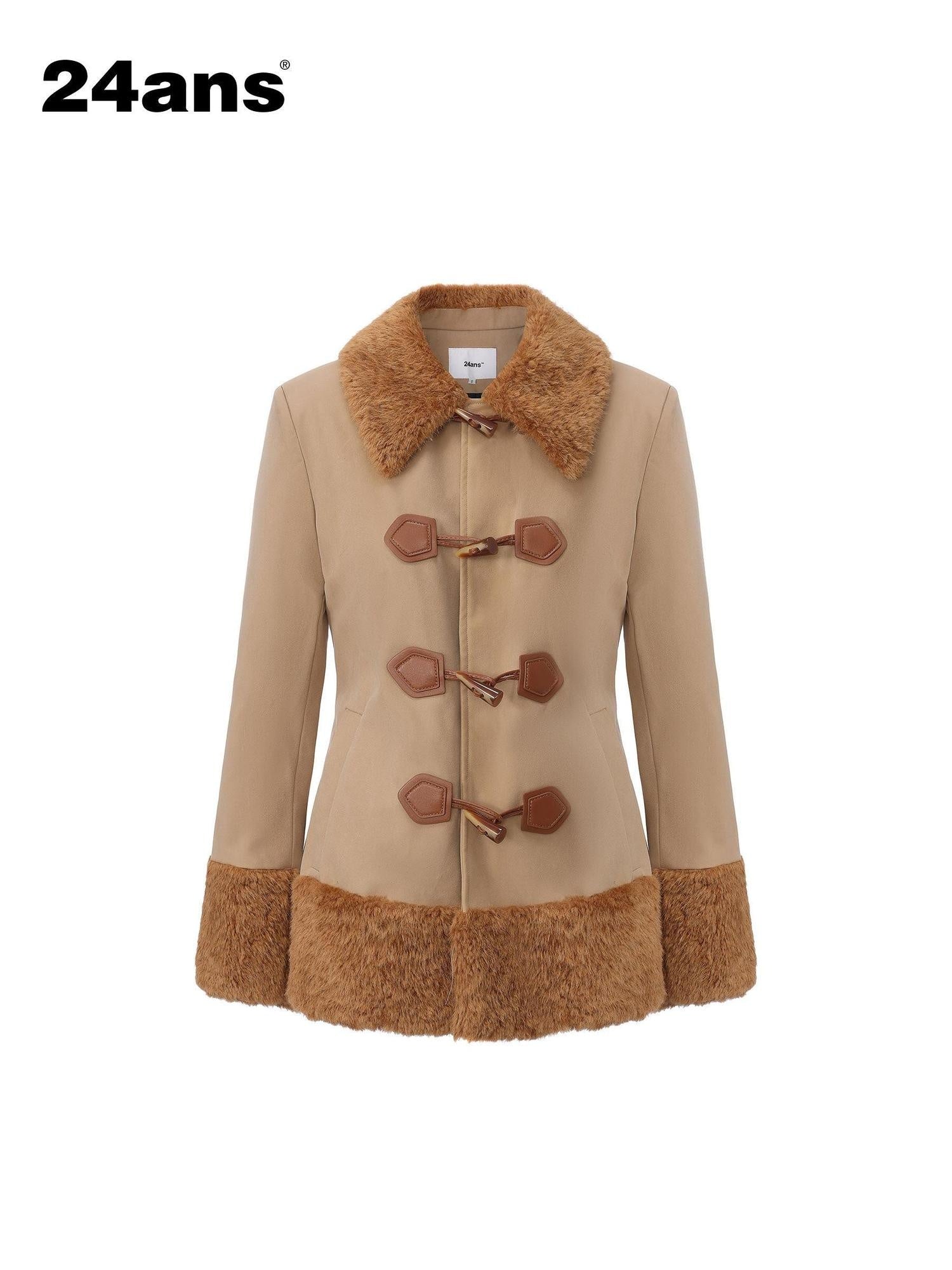 24ans Cashmere Blend Casual Tailored Waist Lapel Women Button Khaki Jacket