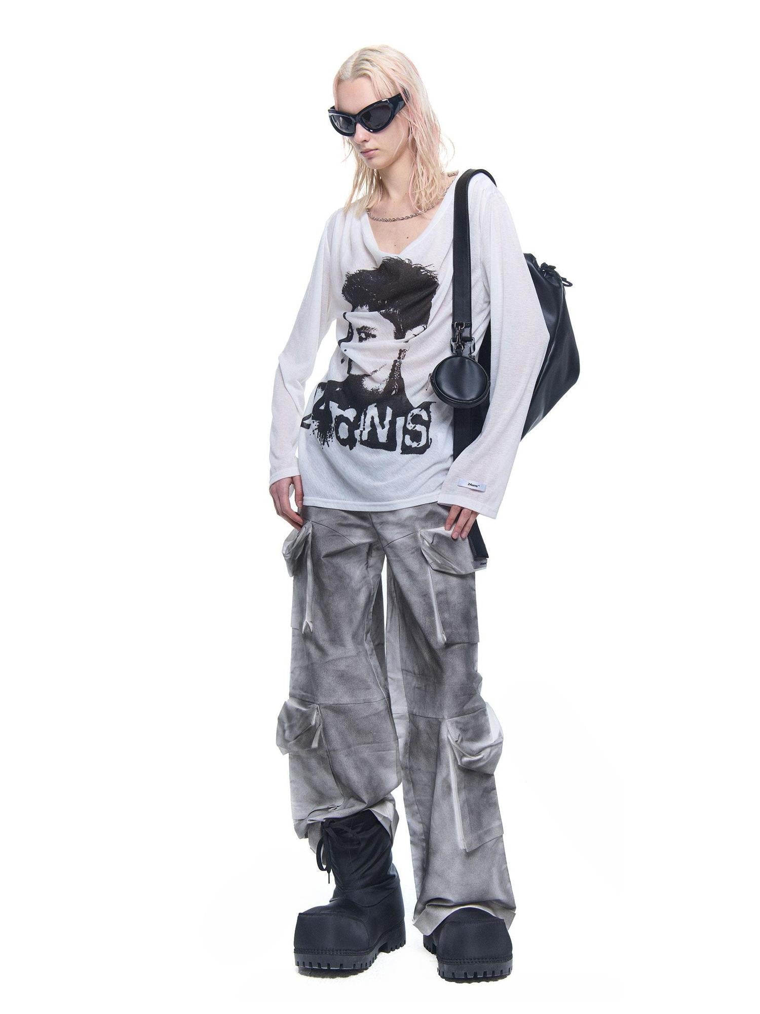 24ans Chain Print Zipper Round Neck Loose Street Women&