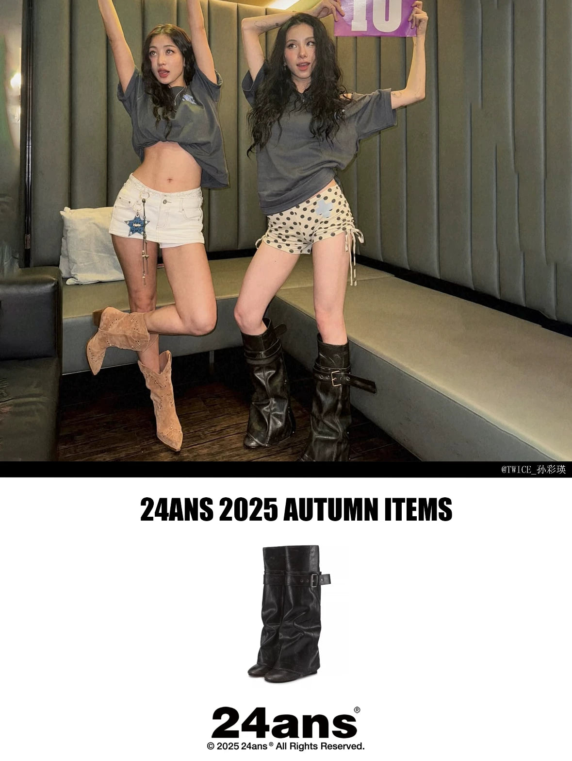 24ans Chic Pu Leather Belt Buckle High Shaft Round Toe Chunky Heel Euro Women Boots-1