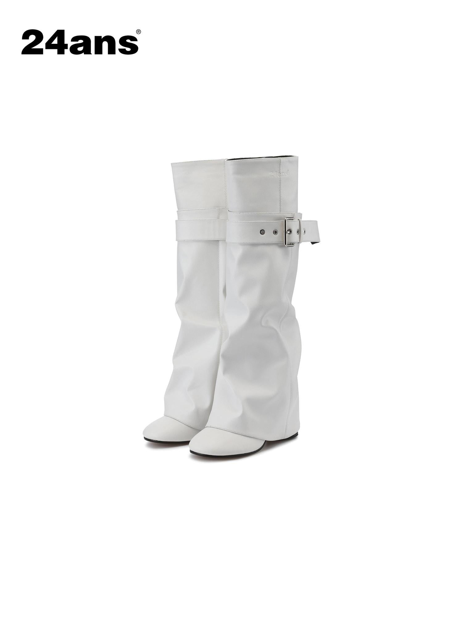 24ans Chic Pu Leather Belt Buckle High Shaft Round Toe Chunky Heel Euro Women Boots