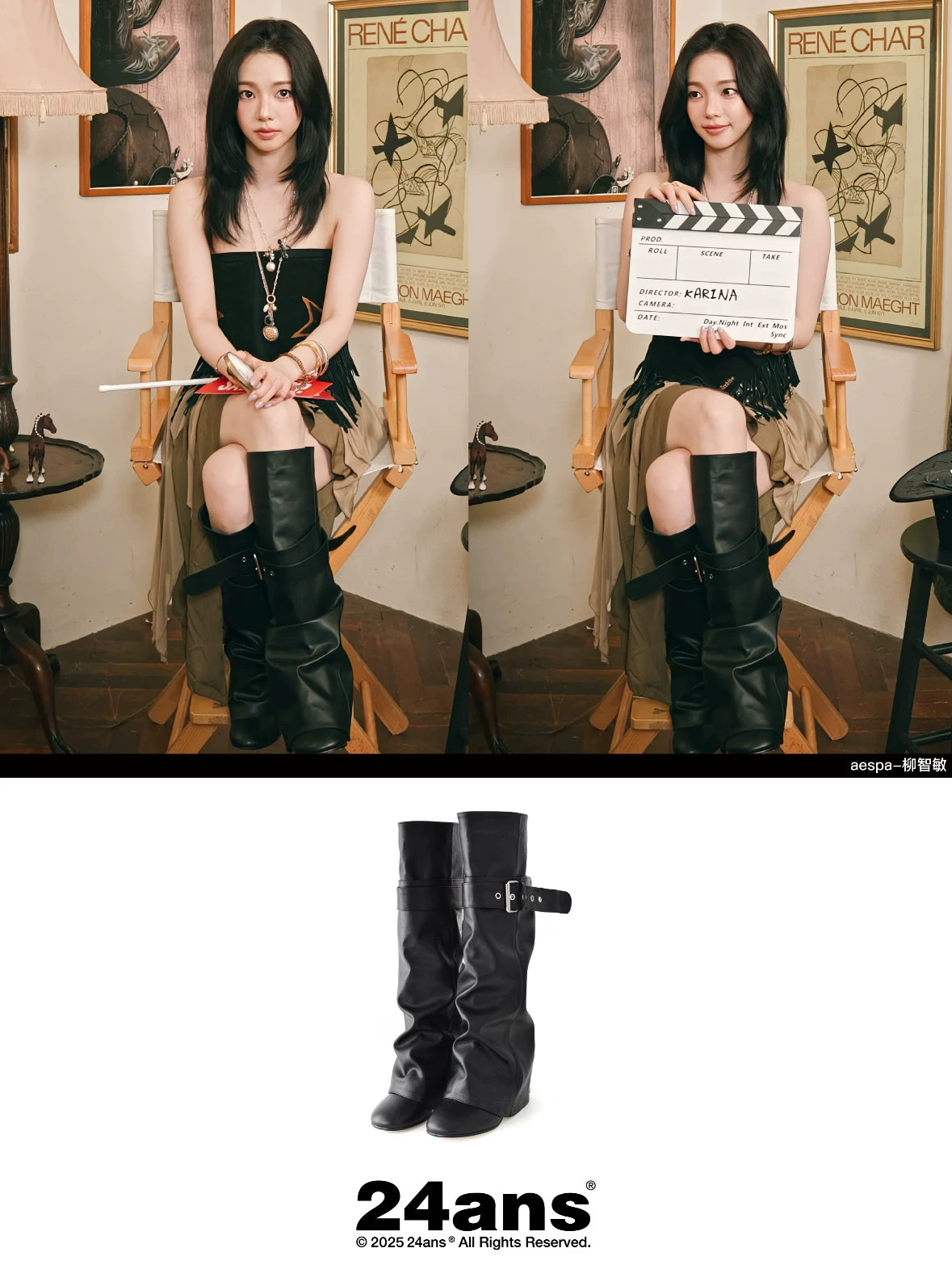 24ans Chic Pu Leather Belt Buckle High Shaft Round Toe Chunky Heel Euro Women Boots-2