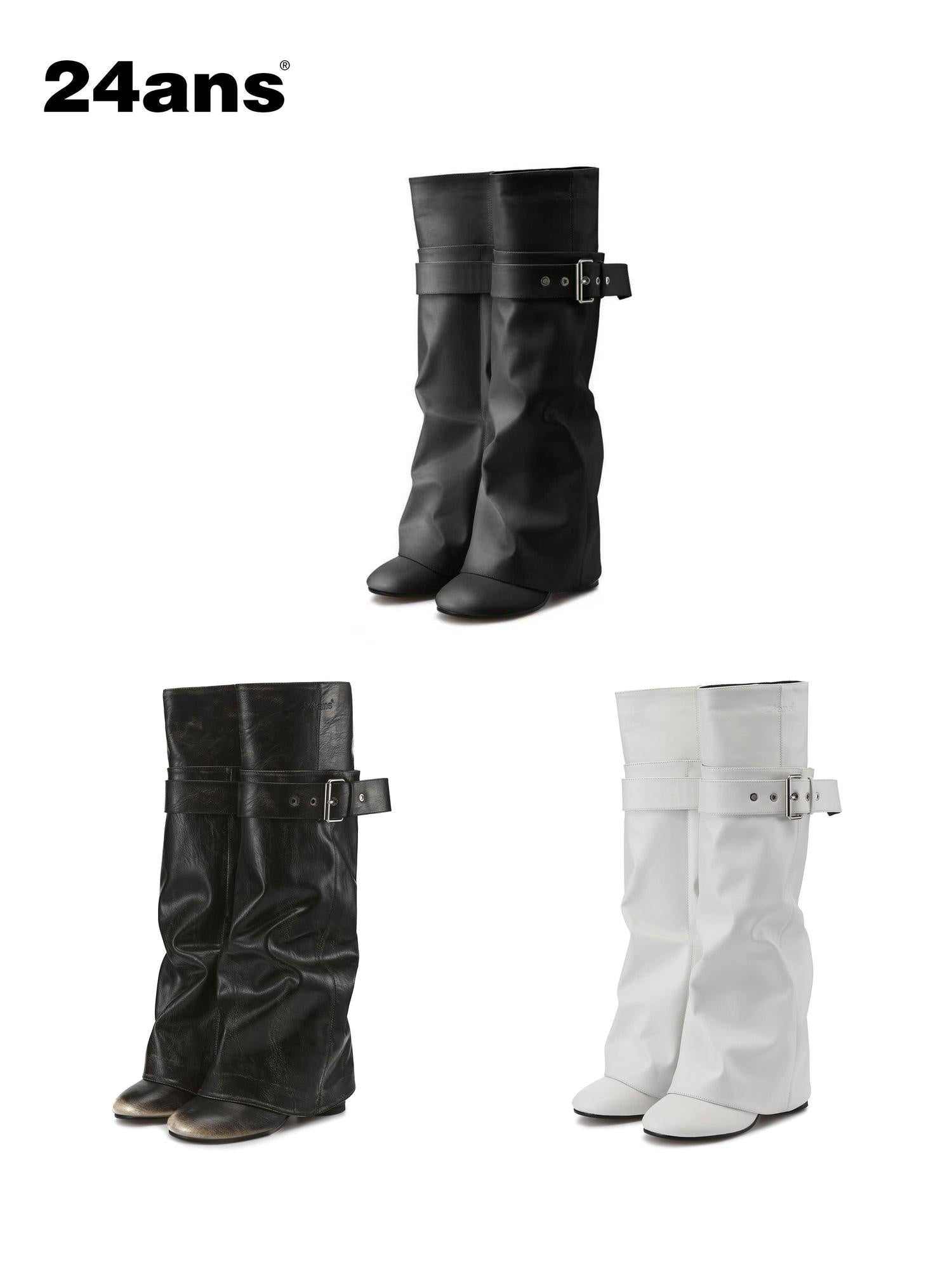24ans Chic Pu Leather Belt Buckle High Shaft Round Toe Chunky Heel Euro Women Boots