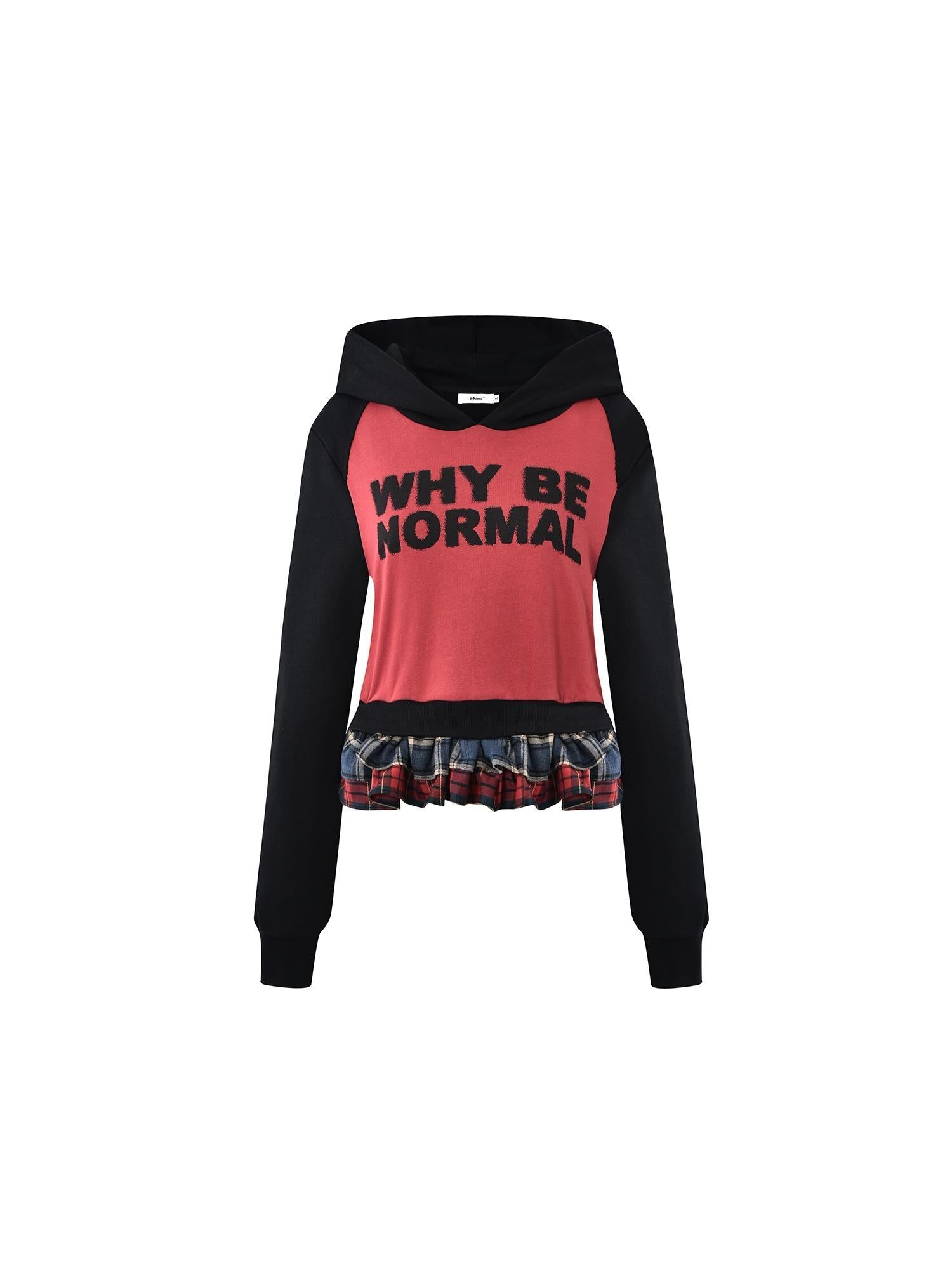 24ans Color Block Hooded Sweatshirt with Plaid Lace Hem