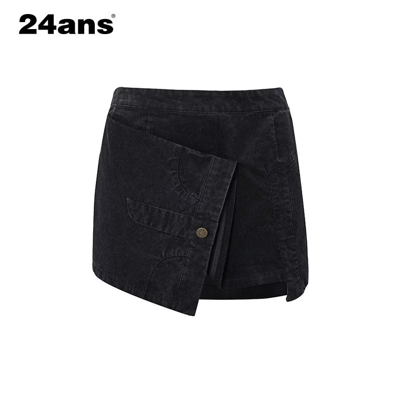24ans Corduroy A Line Mini Skirt With Asymmetric Hem In Black MISSTT